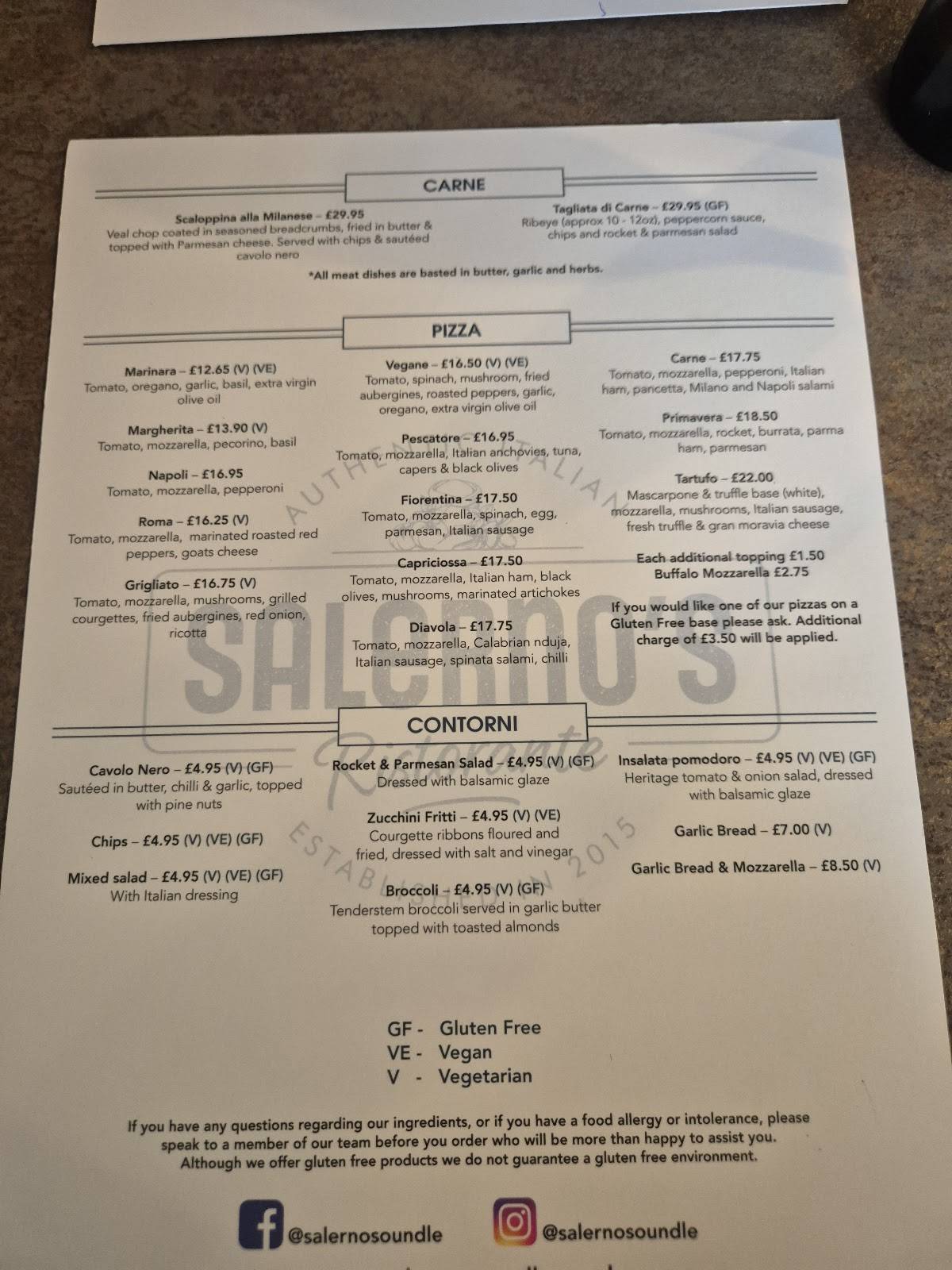 Salerno's меню