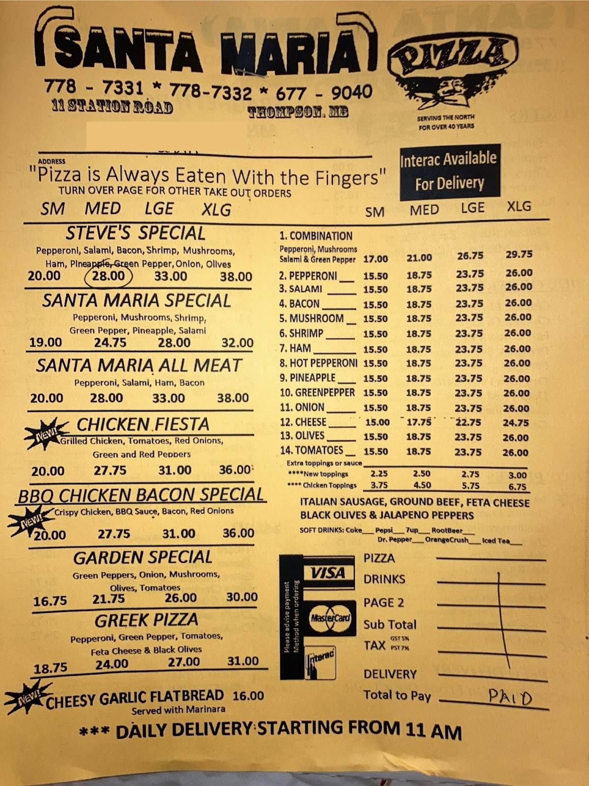Santa Maria Pizza & Spaghetti House меню