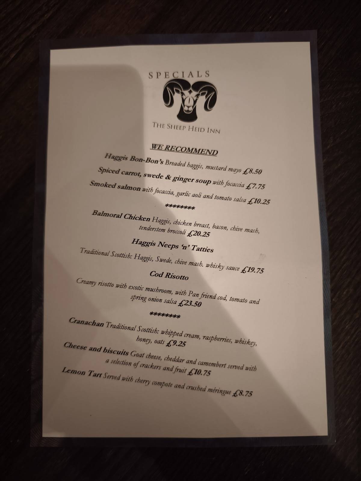 Sheep Heid Inn Edinburgh меню