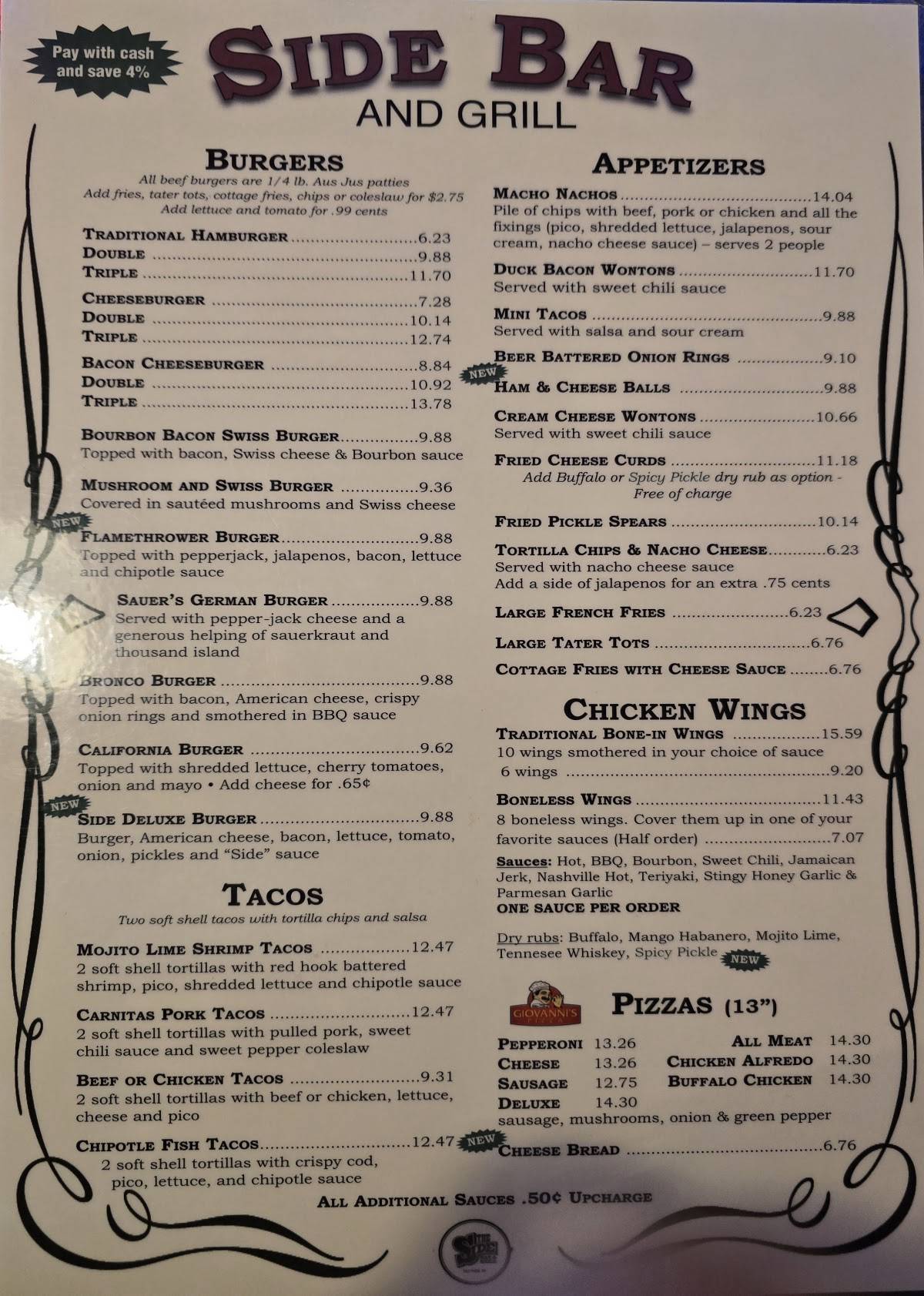 Side Bar & Grill меню