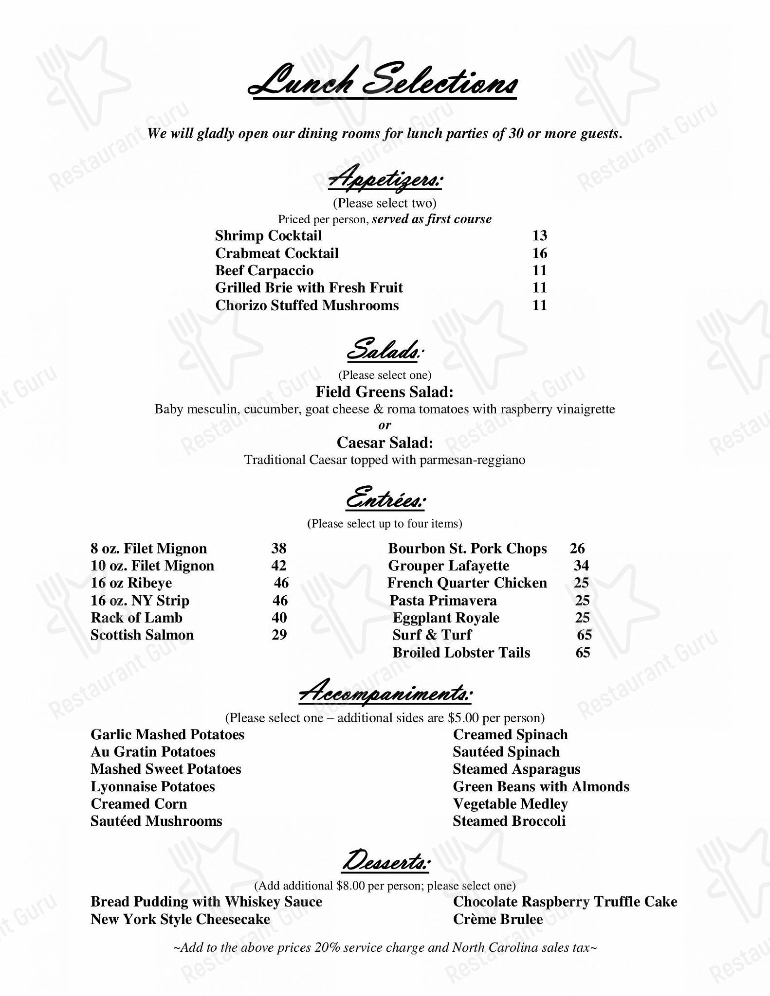 Dinner Menu паба и бара Rey's Restaurant