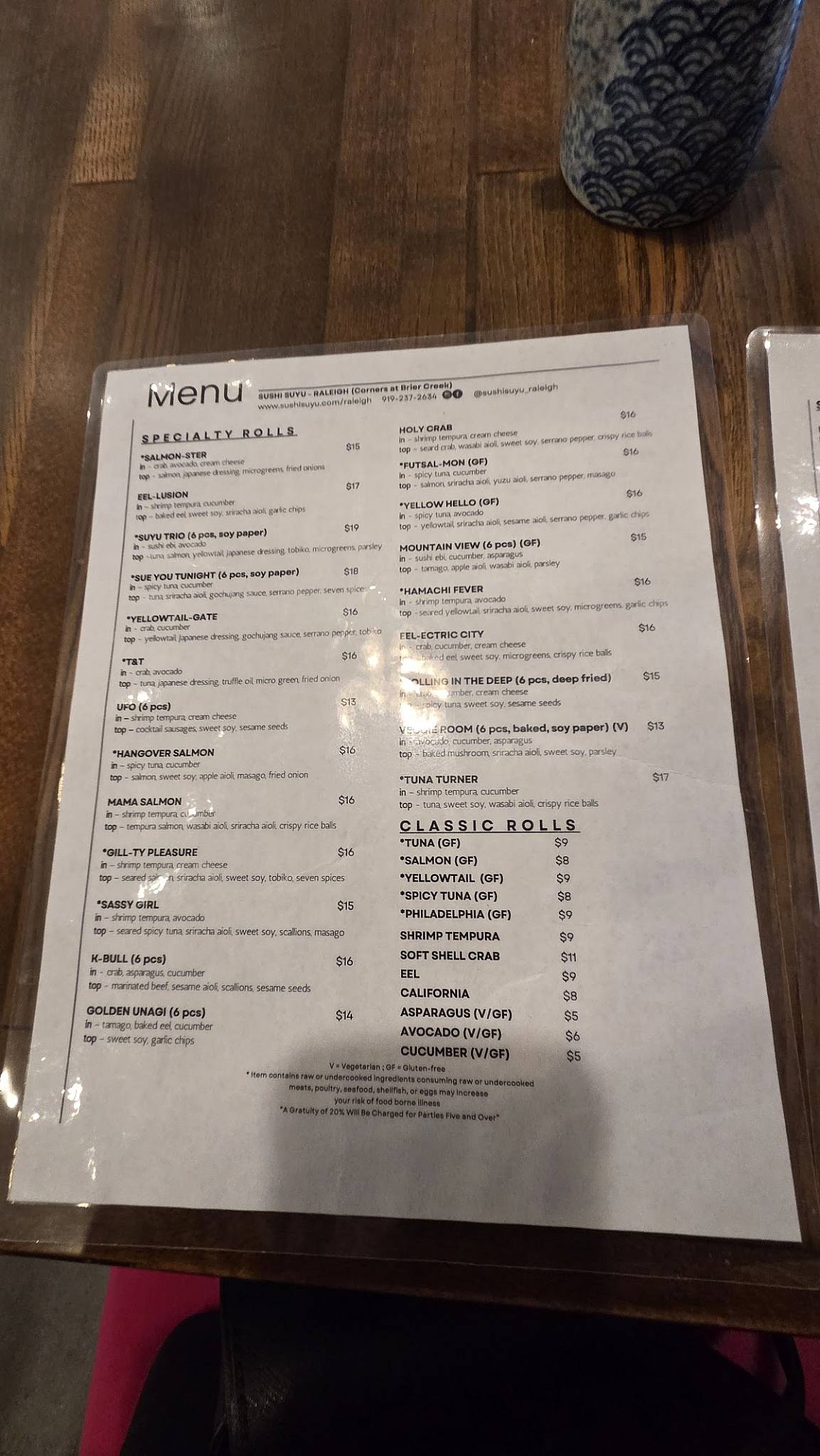 Sushi SUYU Raleigh меню