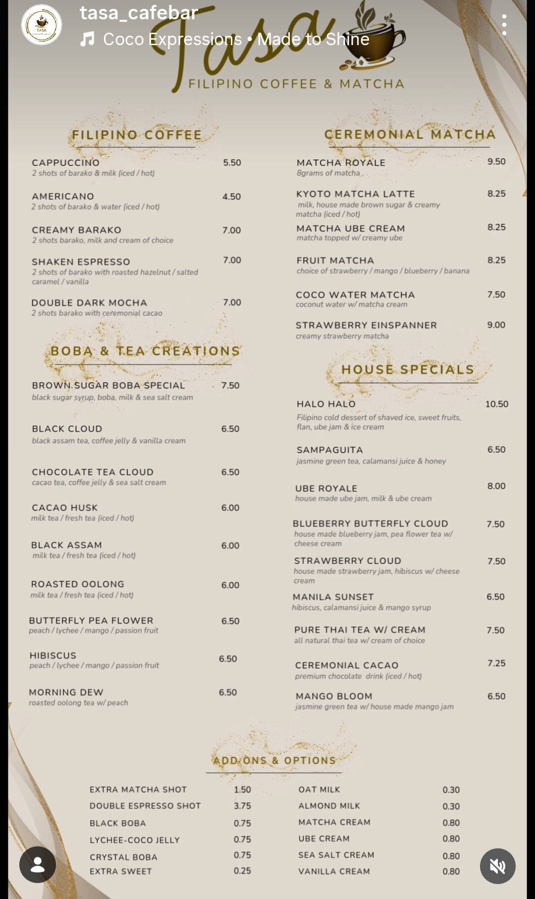 TASA Cafe Bar меню