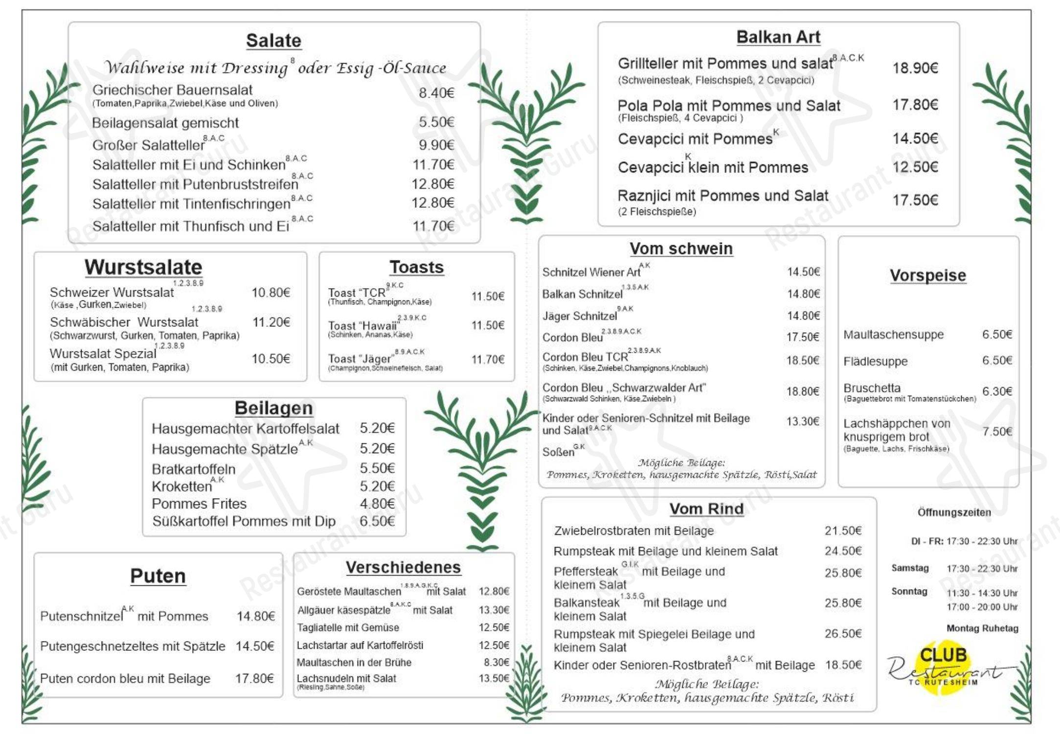 Меню ресторана TC Rutesheim Club-Restaurant - Меню