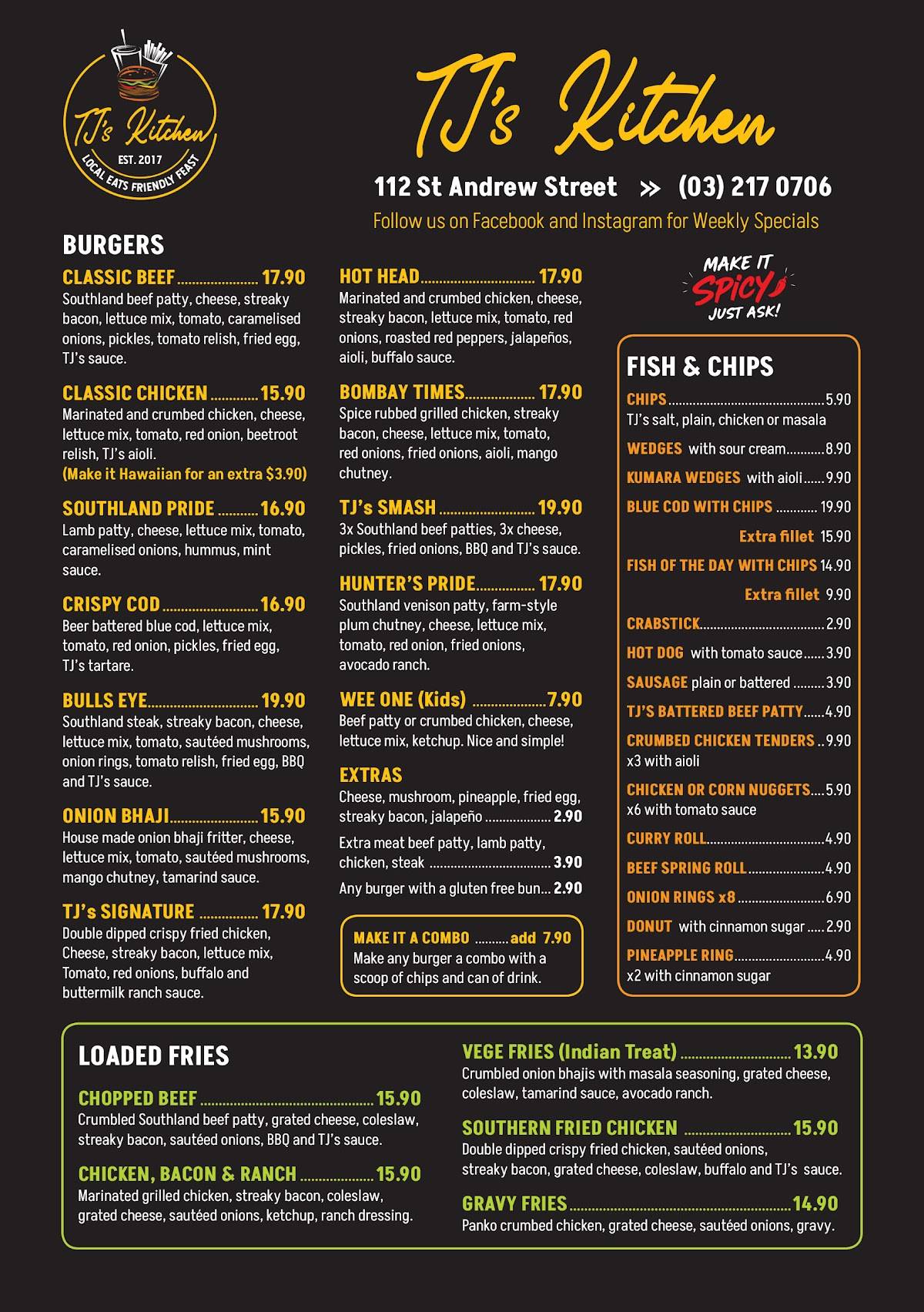 TJ's Kitchen (Invercargill) меню