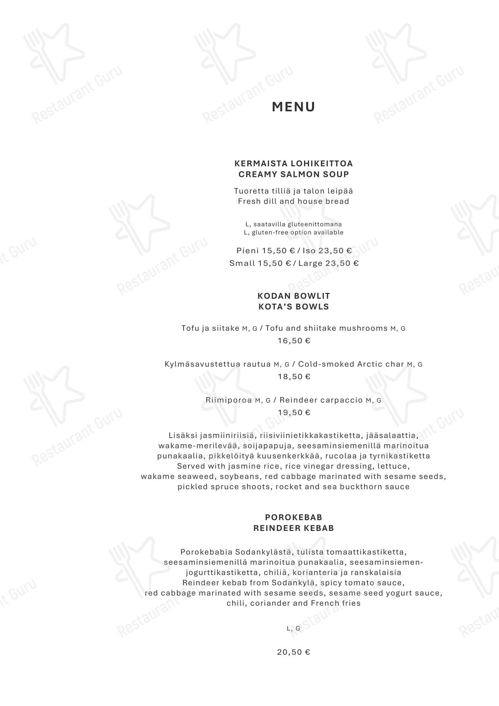 Меню напитков ресторана Takka Restaurant в Муонио