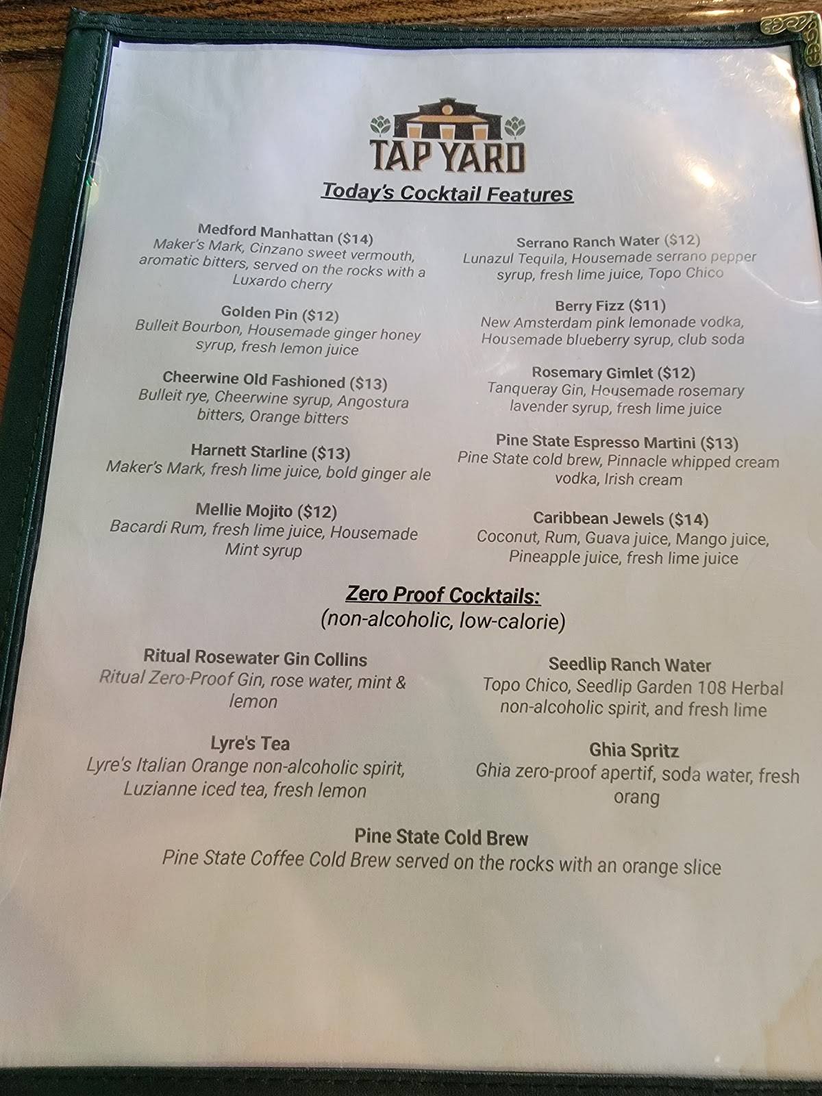 Tap Yard Raleigh меню