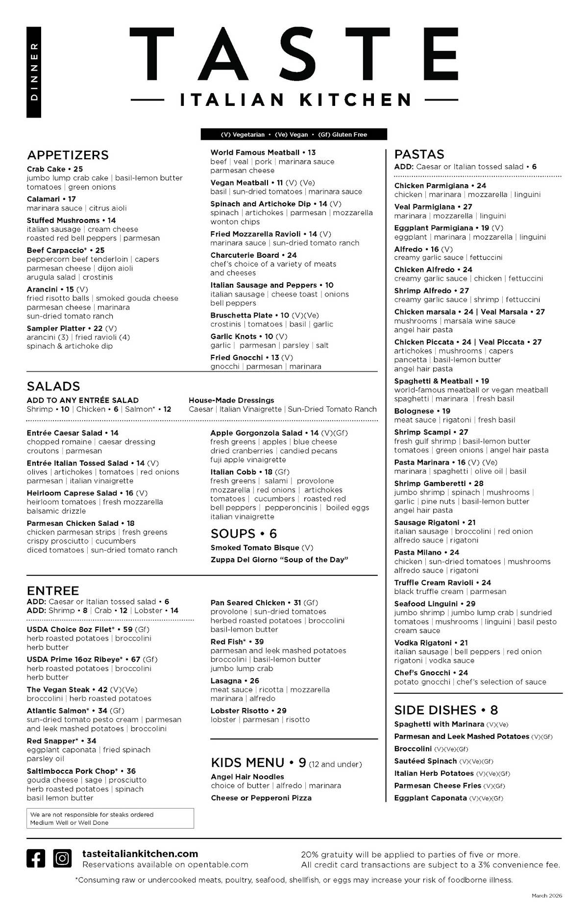 Taste Italian Kitchen меню