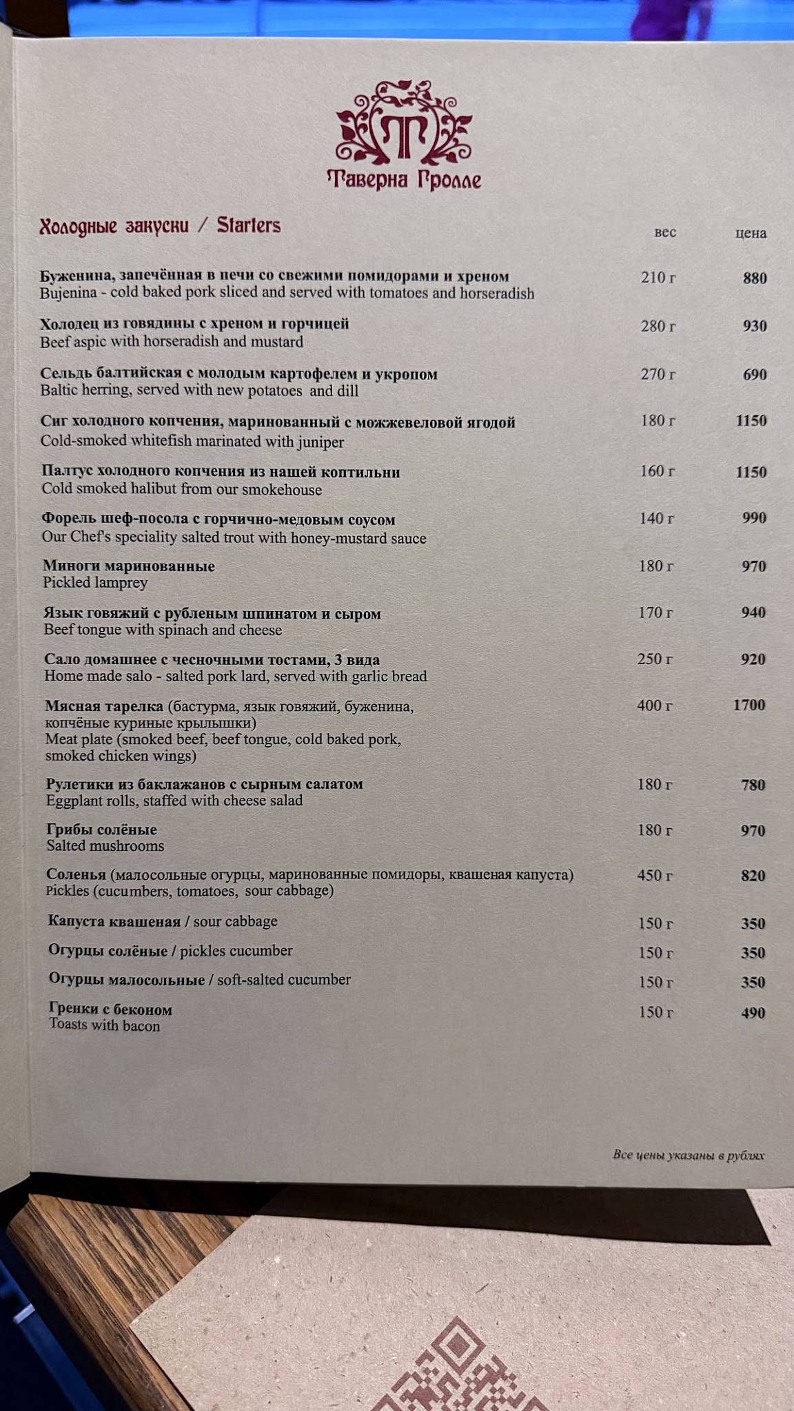 Таверна Гролле меню