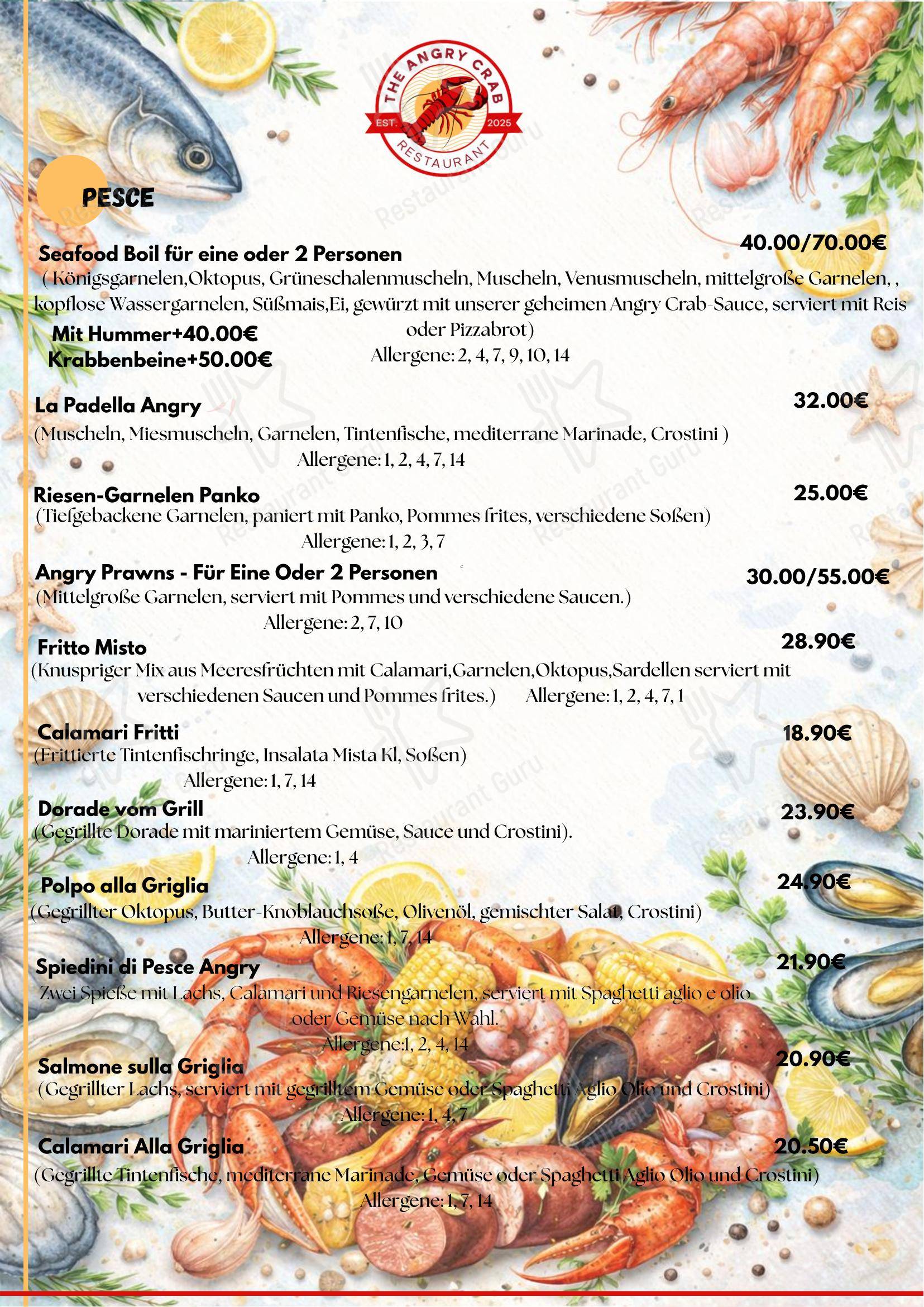 Меню ресторана The Angry Crab Restaurant в Нойбурге-на-Инне