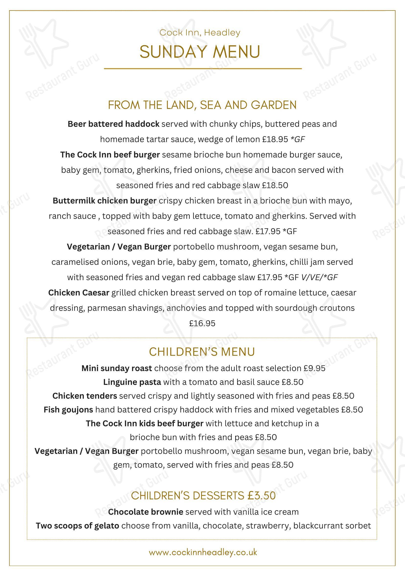 Dinner Menu паба и бара The Cock Inn