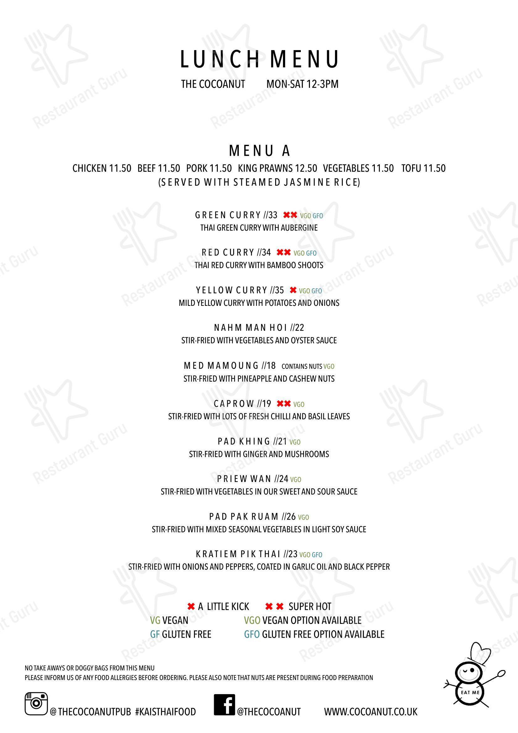 Меню напитков паба и бара The Cocoanut, Kingston в Кингстоне