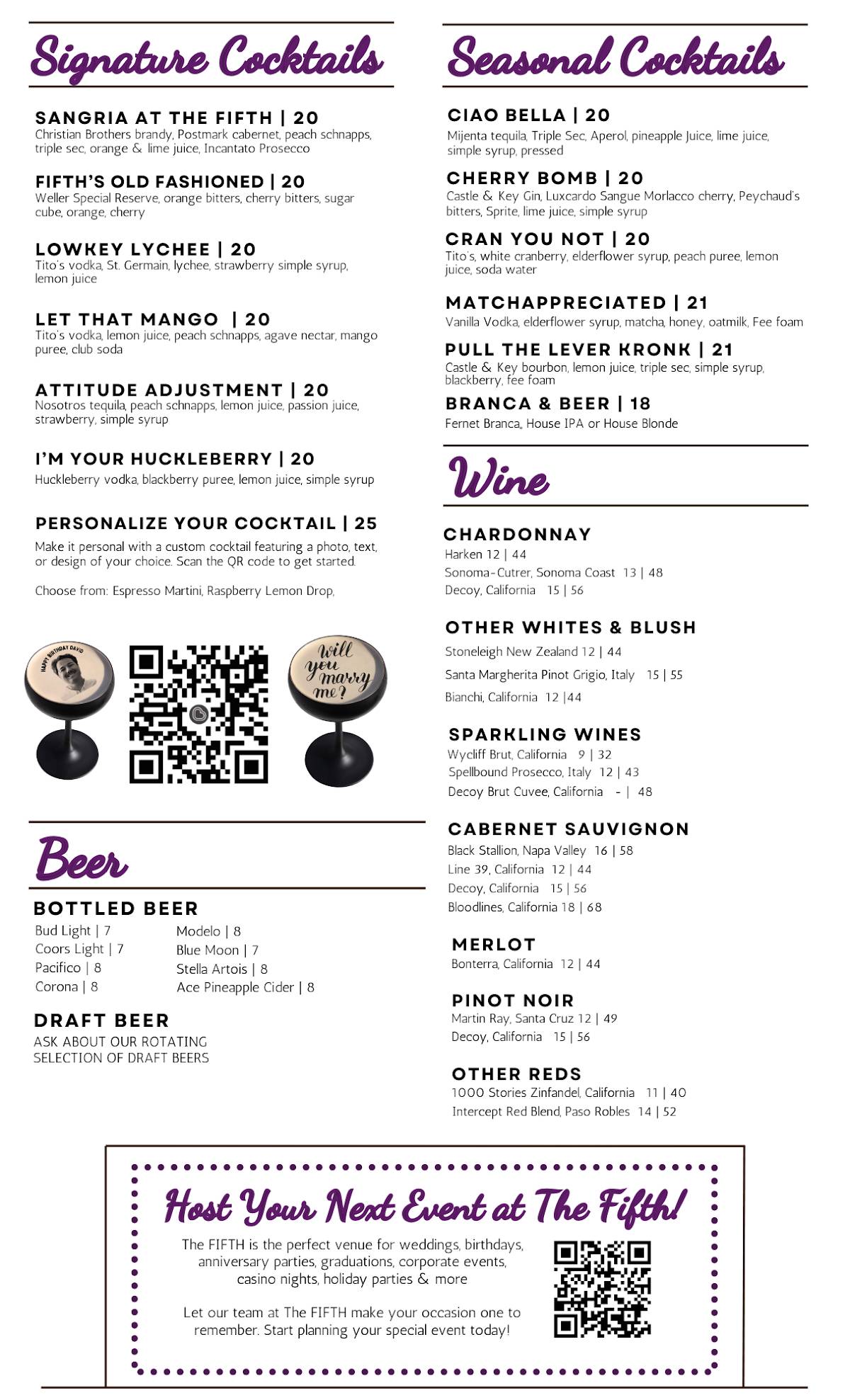 The FIFTH Rooftop Restaurant & Bar меню