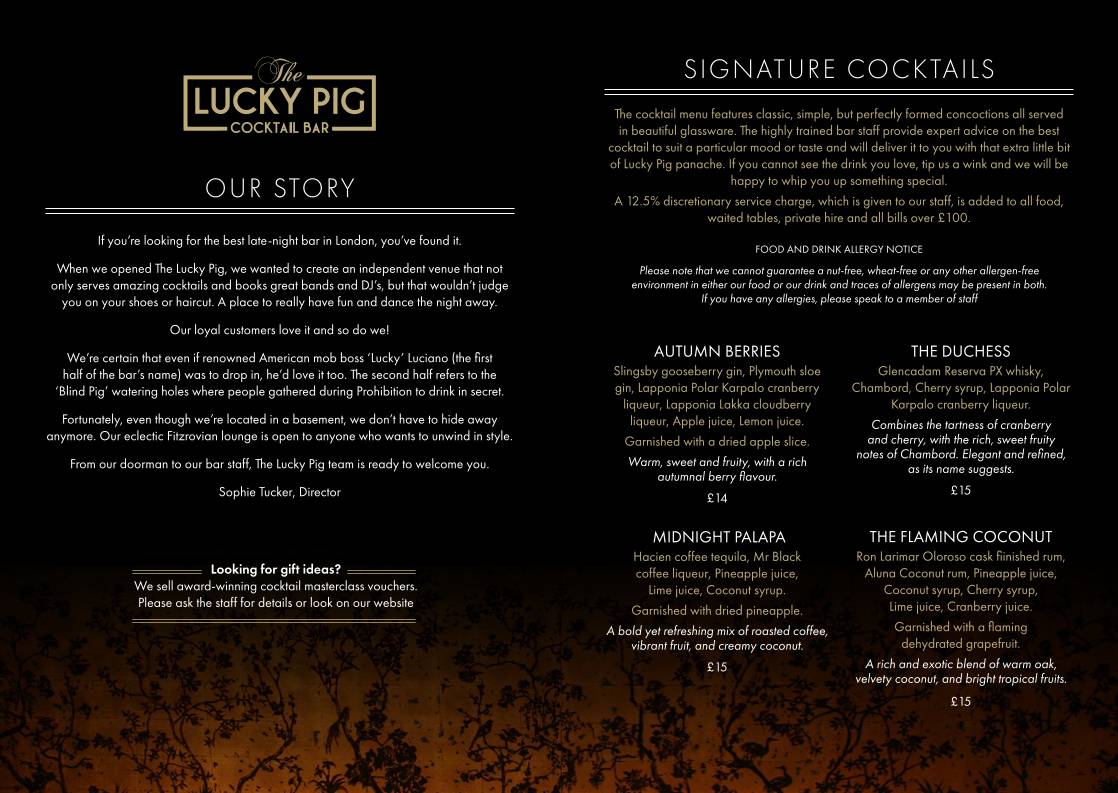 The Lucky Pig Cocktail Bar меню