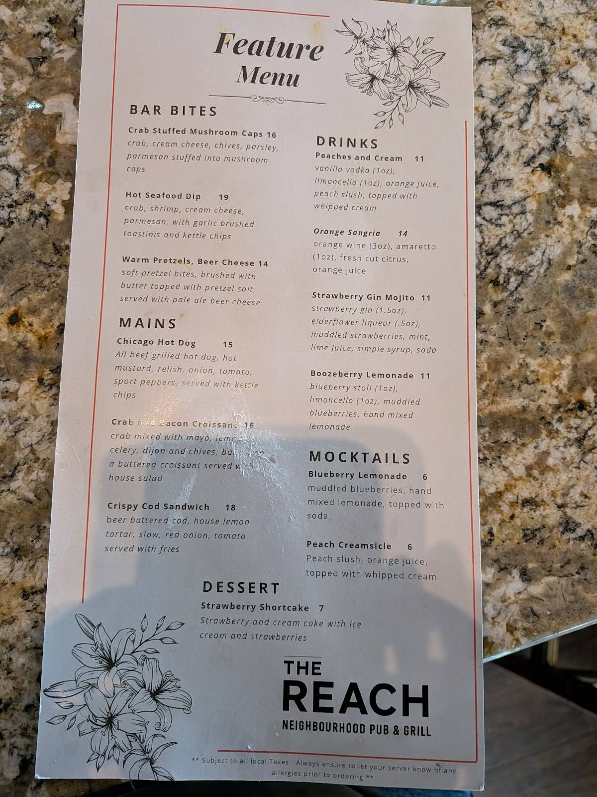 The Reach Neighbourhood Pub & Grill меню