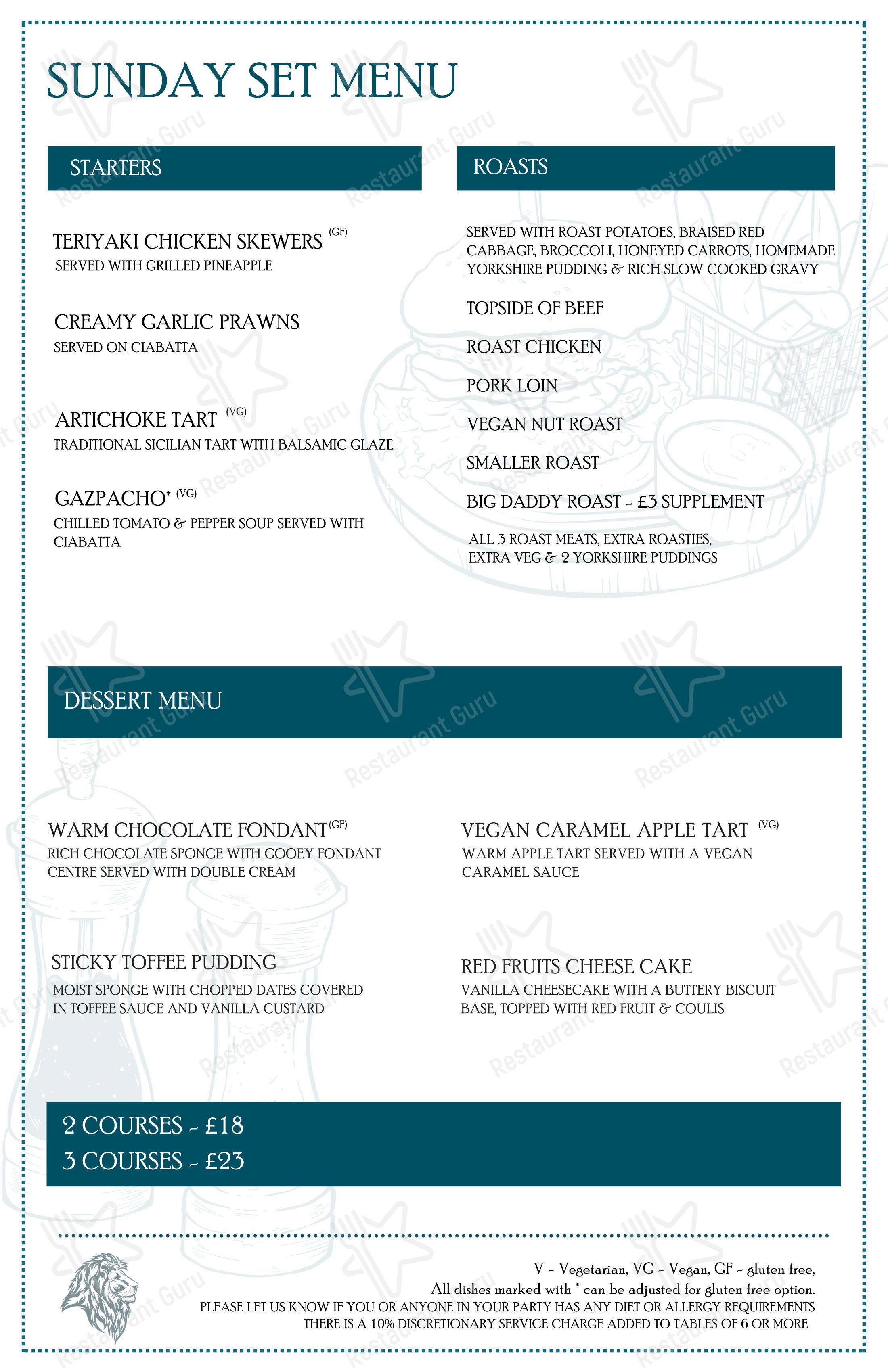 Dinner Menu паба и бара The Red Lion в Рагби