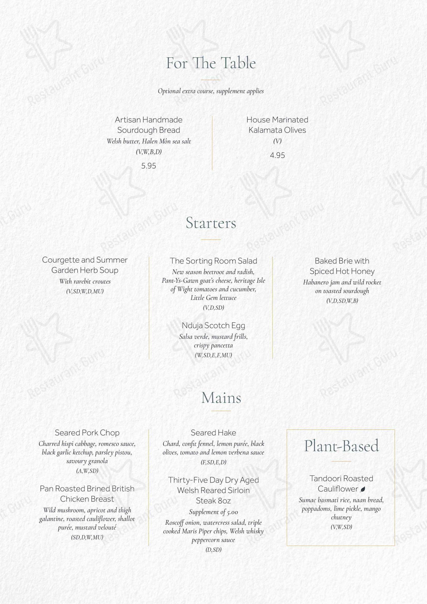 Menu pizzeria ресторана The Sorting Room Restaurant