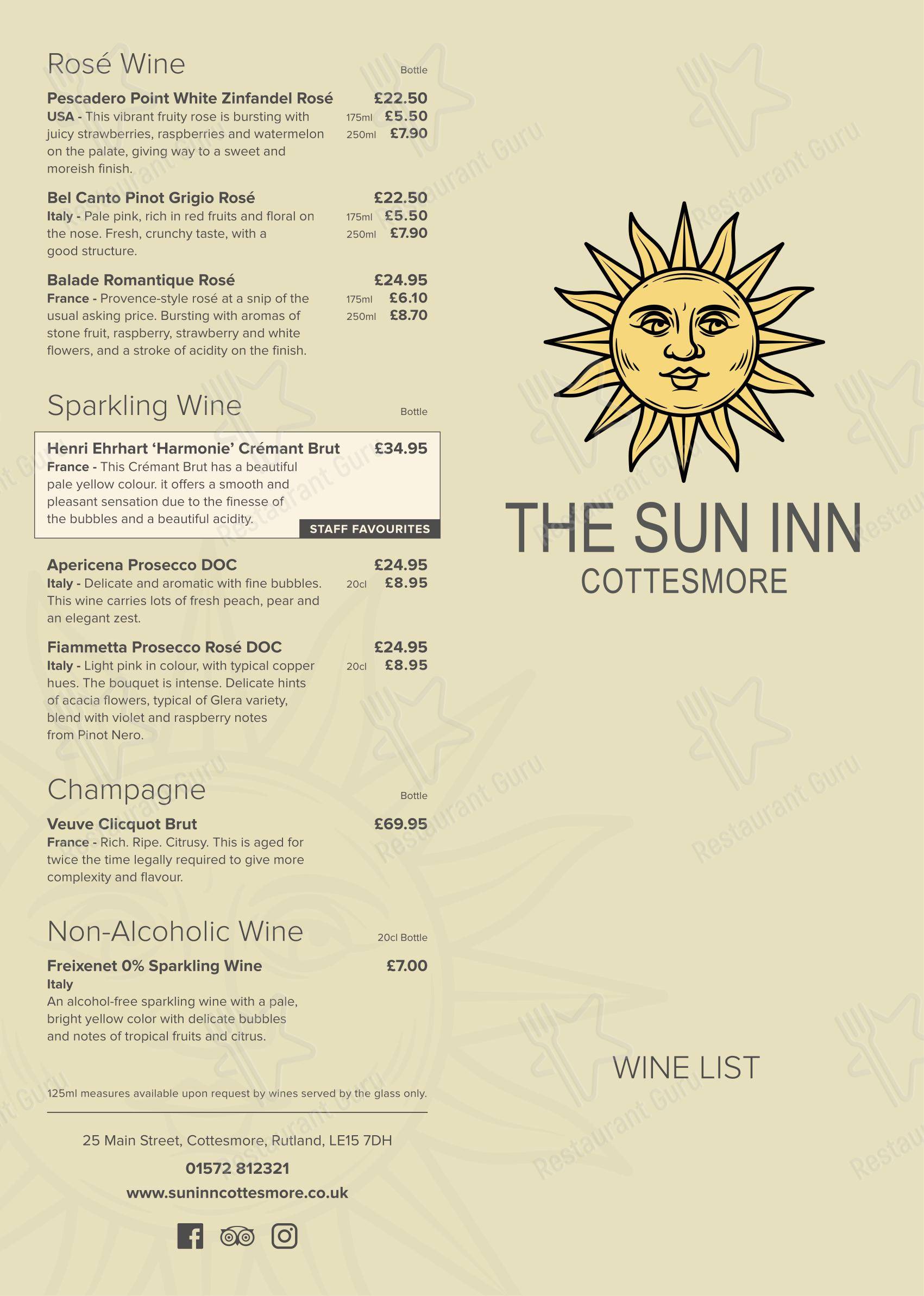 Меню напитков паба и бара The Sun Inn
