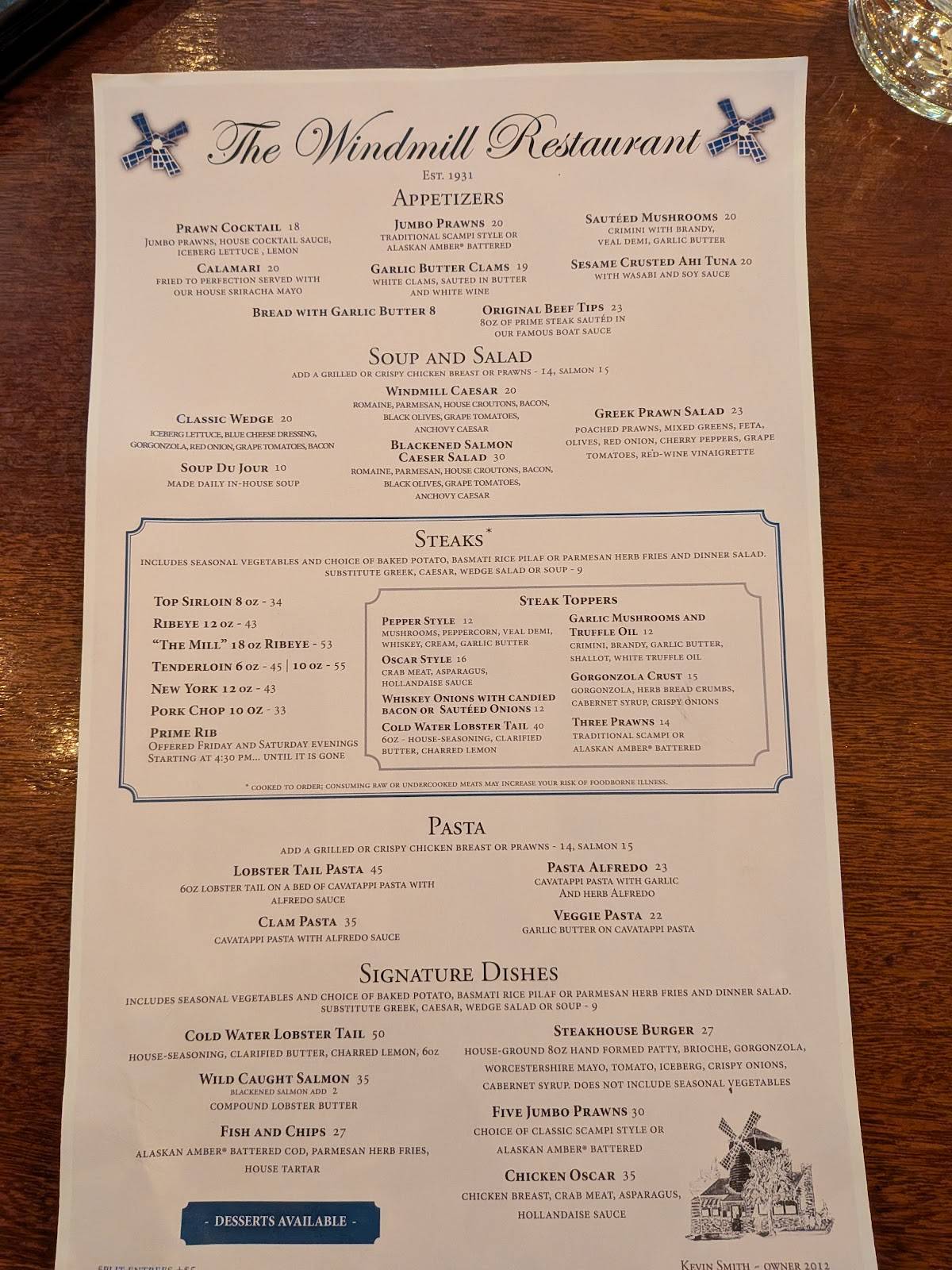 The Windmill Restaurant меню