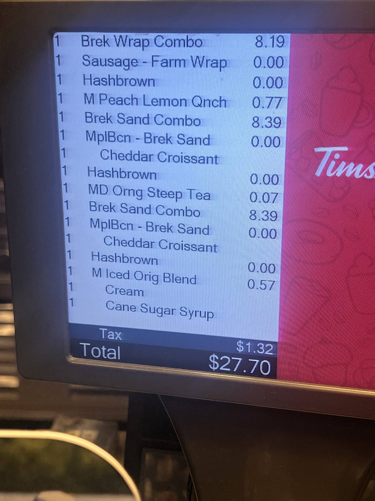 Tim Hortons меню