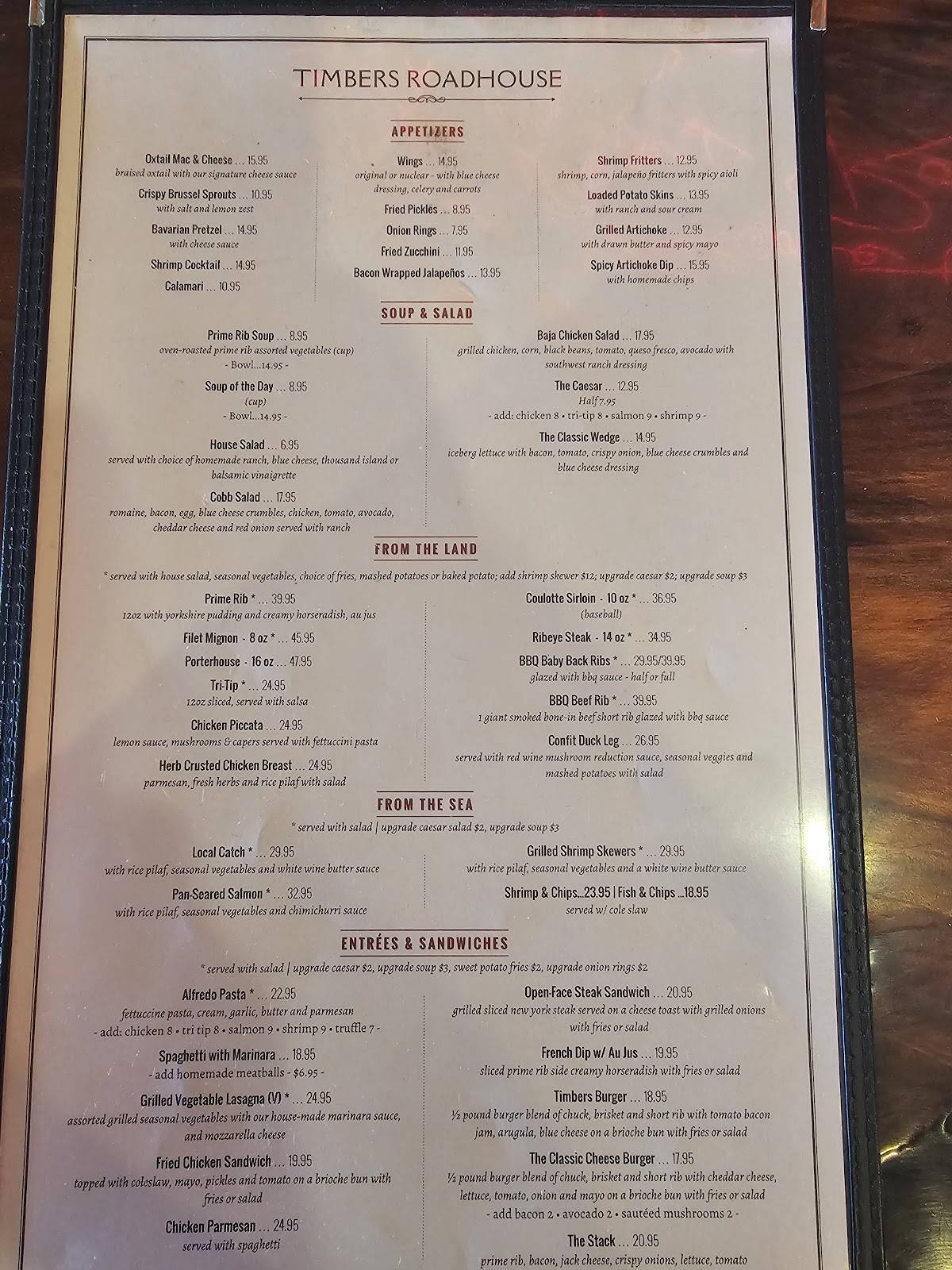 Timbers Roadhouse меню