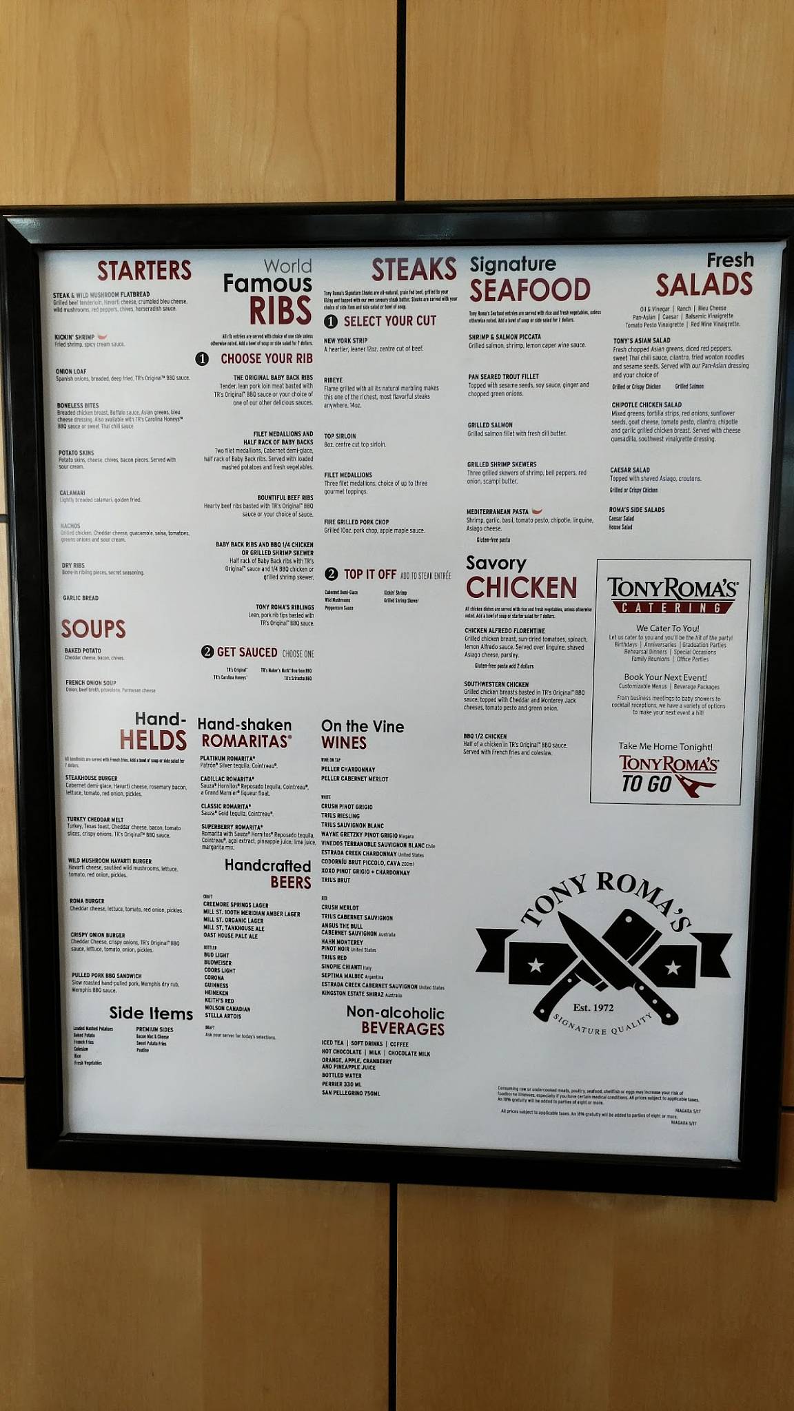 Tony Roma's меню
