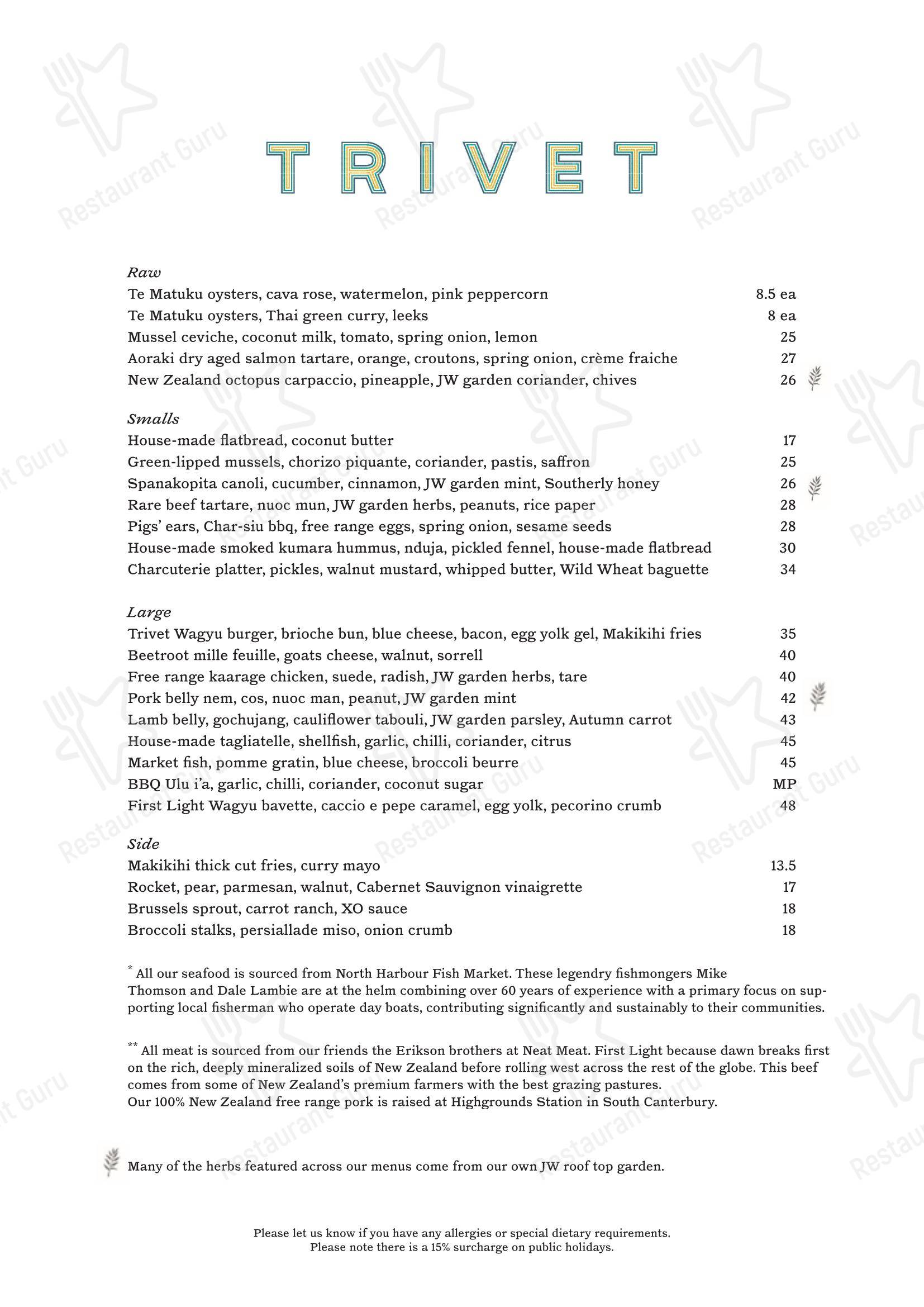 Меню ресторана Trivet - Меню