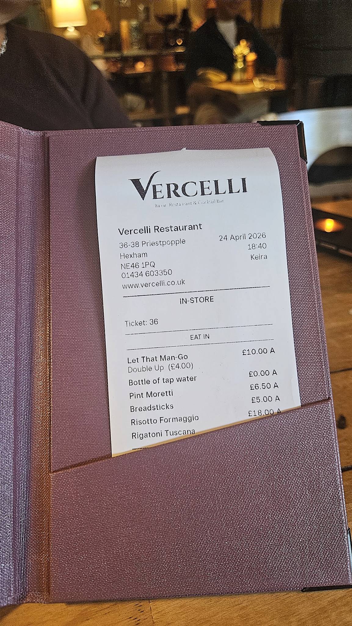 Vercelli Restaurant Hexham меню