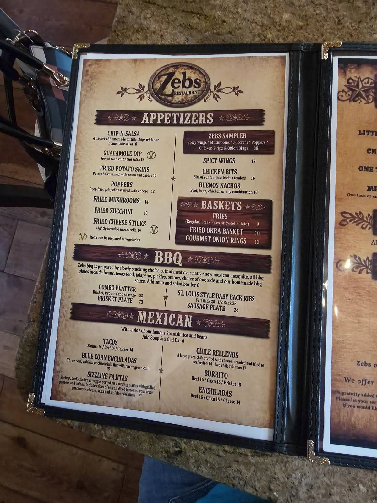 Zebs Restaurant & Bar меню
