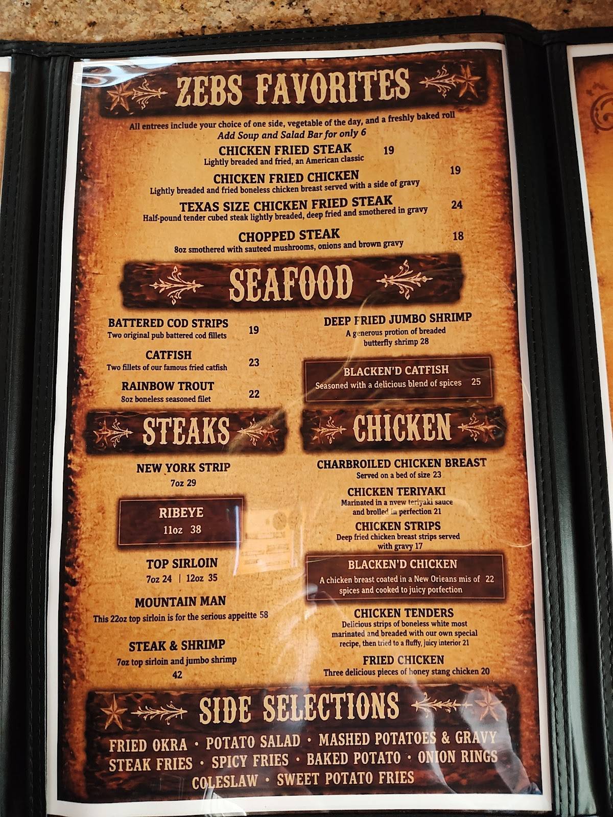 Zebs Restaurant & Bar меню