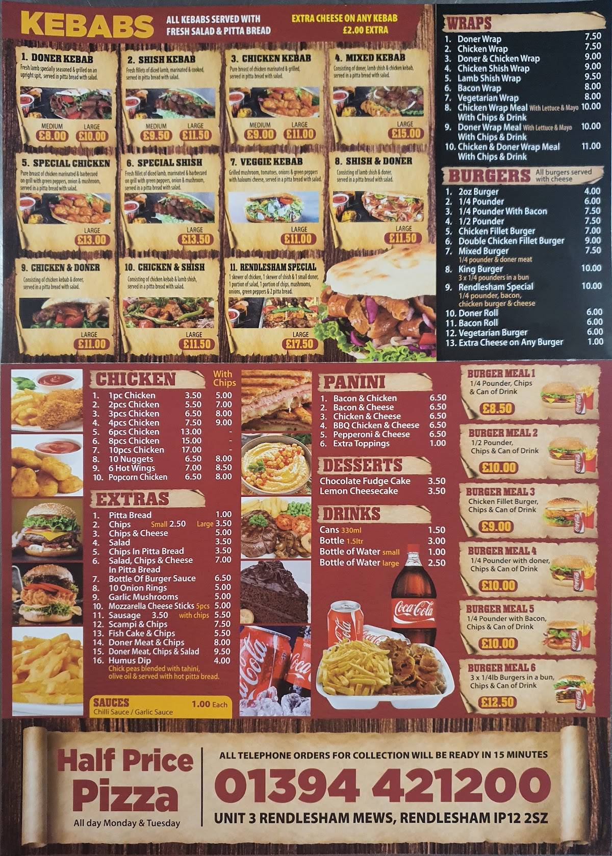 Zorbas kebab and pizza rendlesham меню