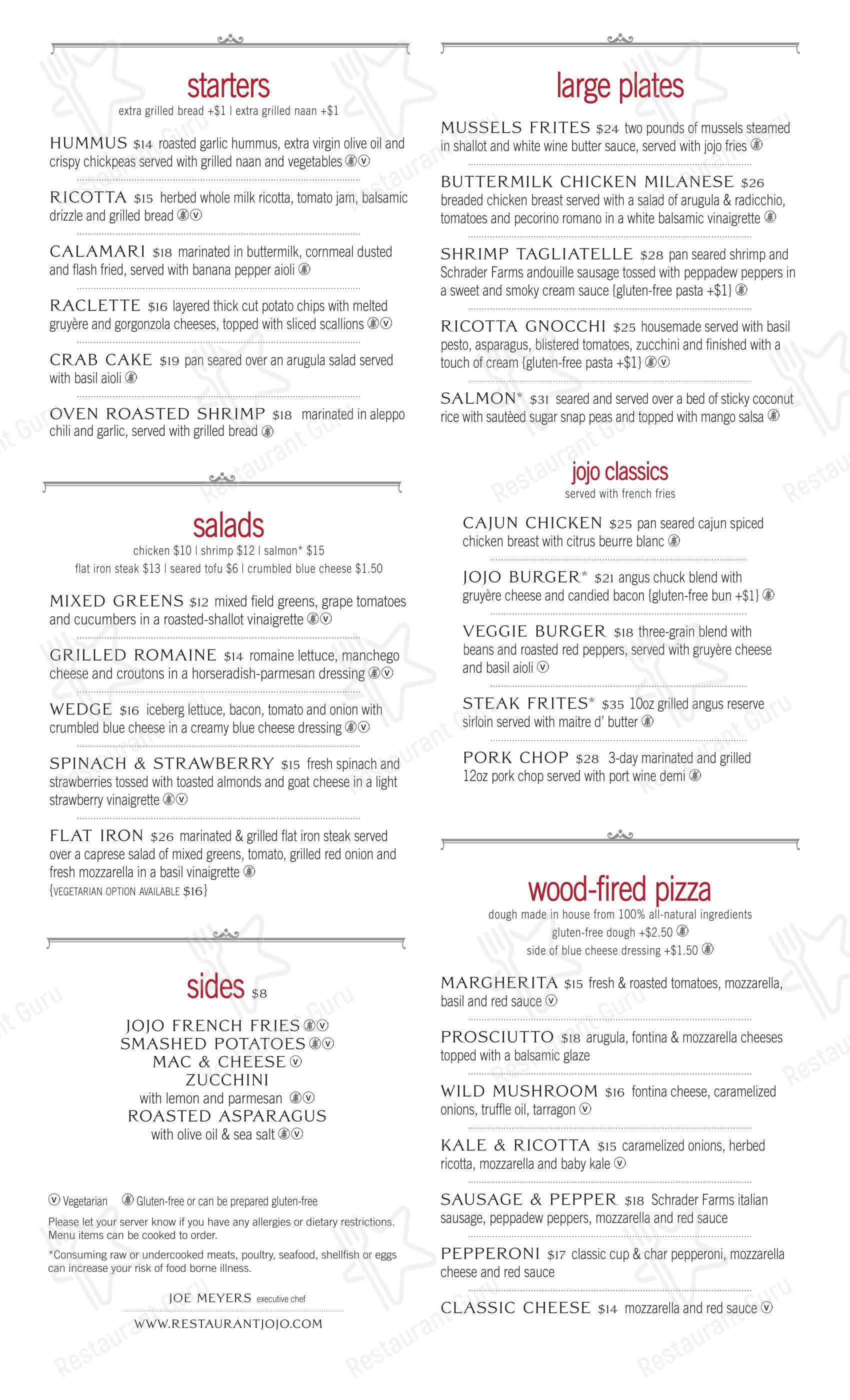 Меню jojo Bistro & Wine Bar - Pittsford - блюда и напитки