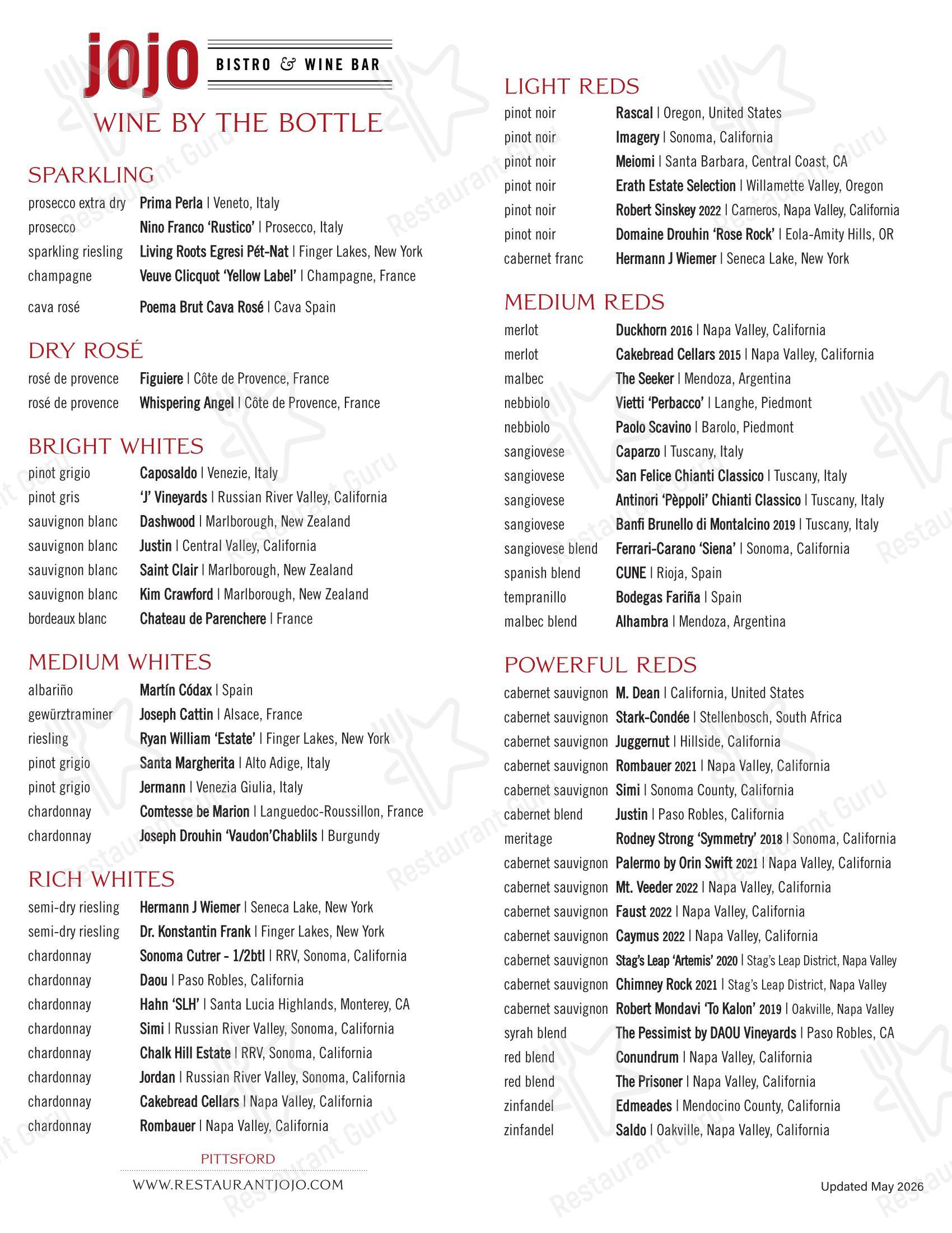 Wine Menu паба и бара jojo Bistro & Wine Bar - Pittsford в Питтсфорде