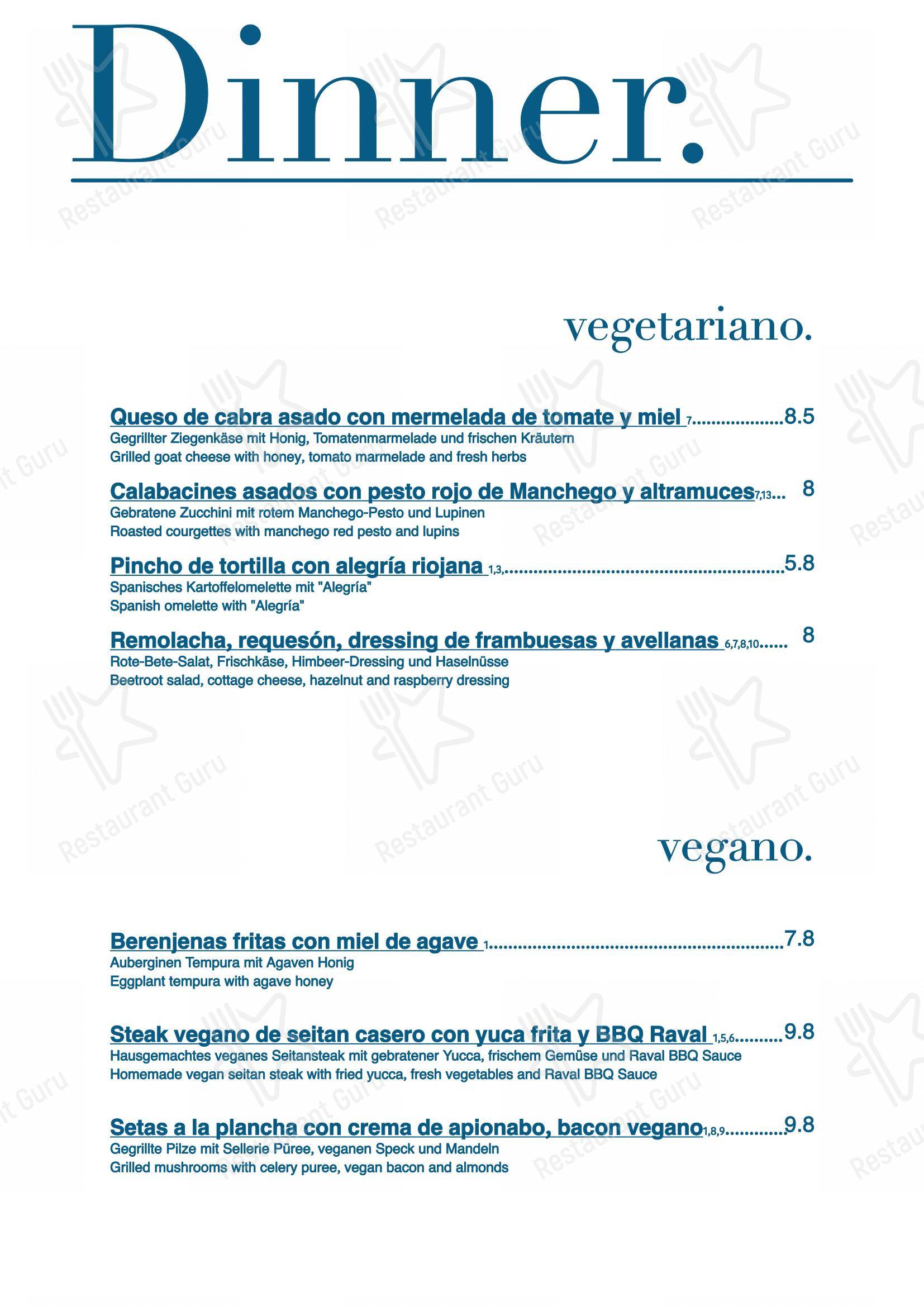 Dinner Menu паба и бара Raval в Берлине