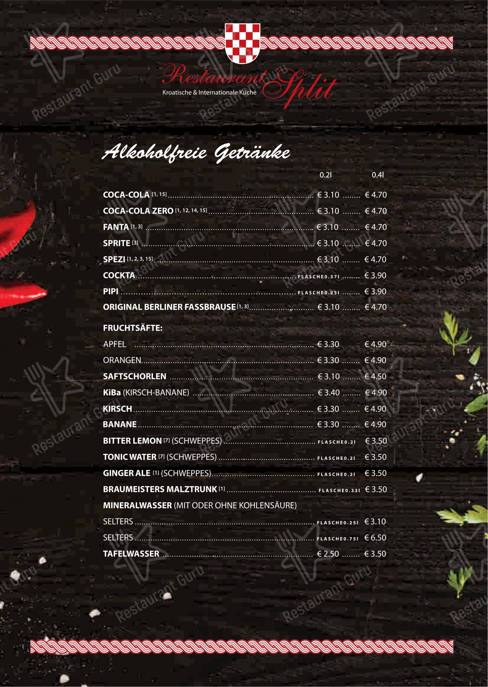 Restaurant Split in Berlin в Берлине - Меню