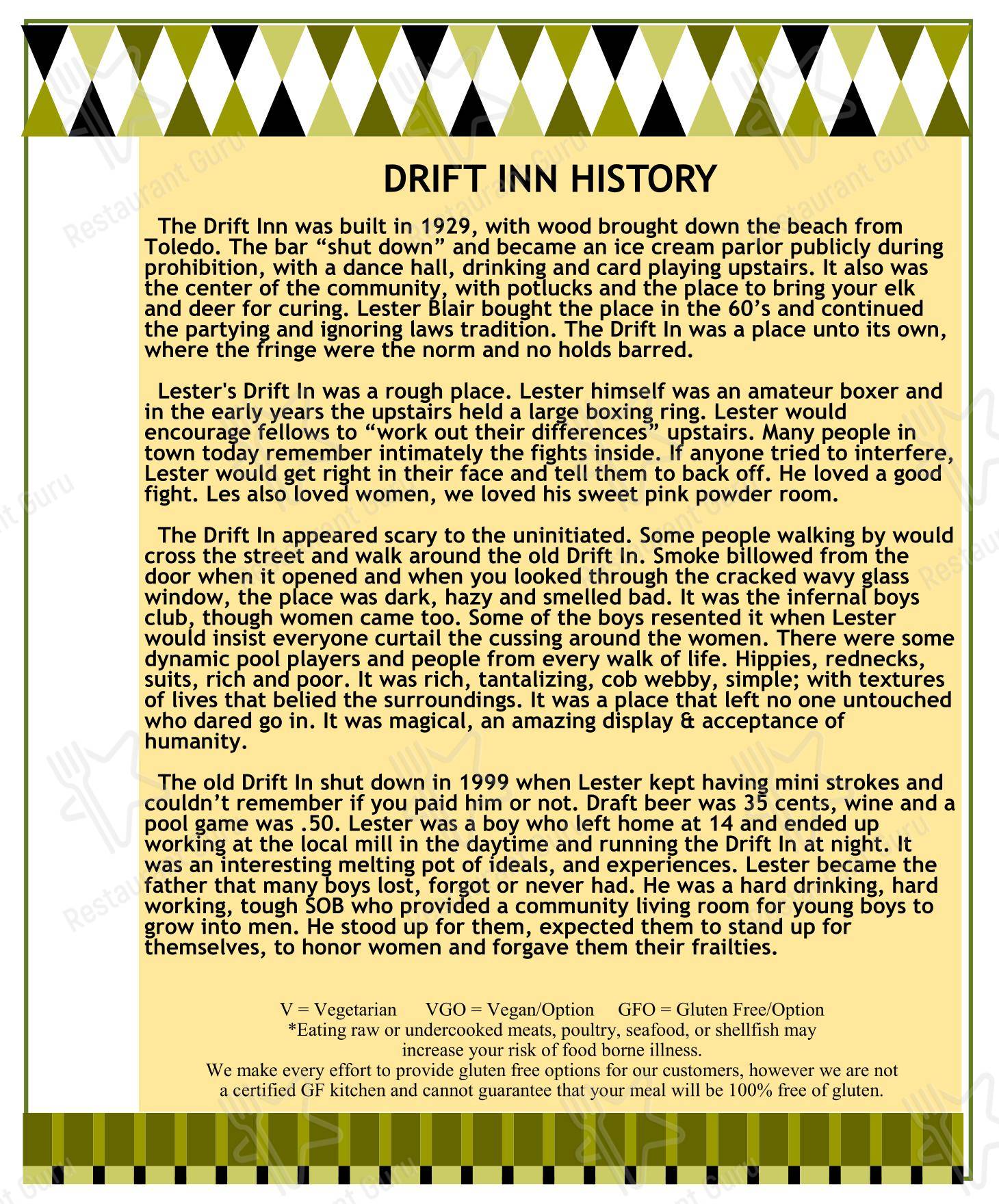 Меню ресторана The Drift Inn Hotel and Restaurant в Ячатсе