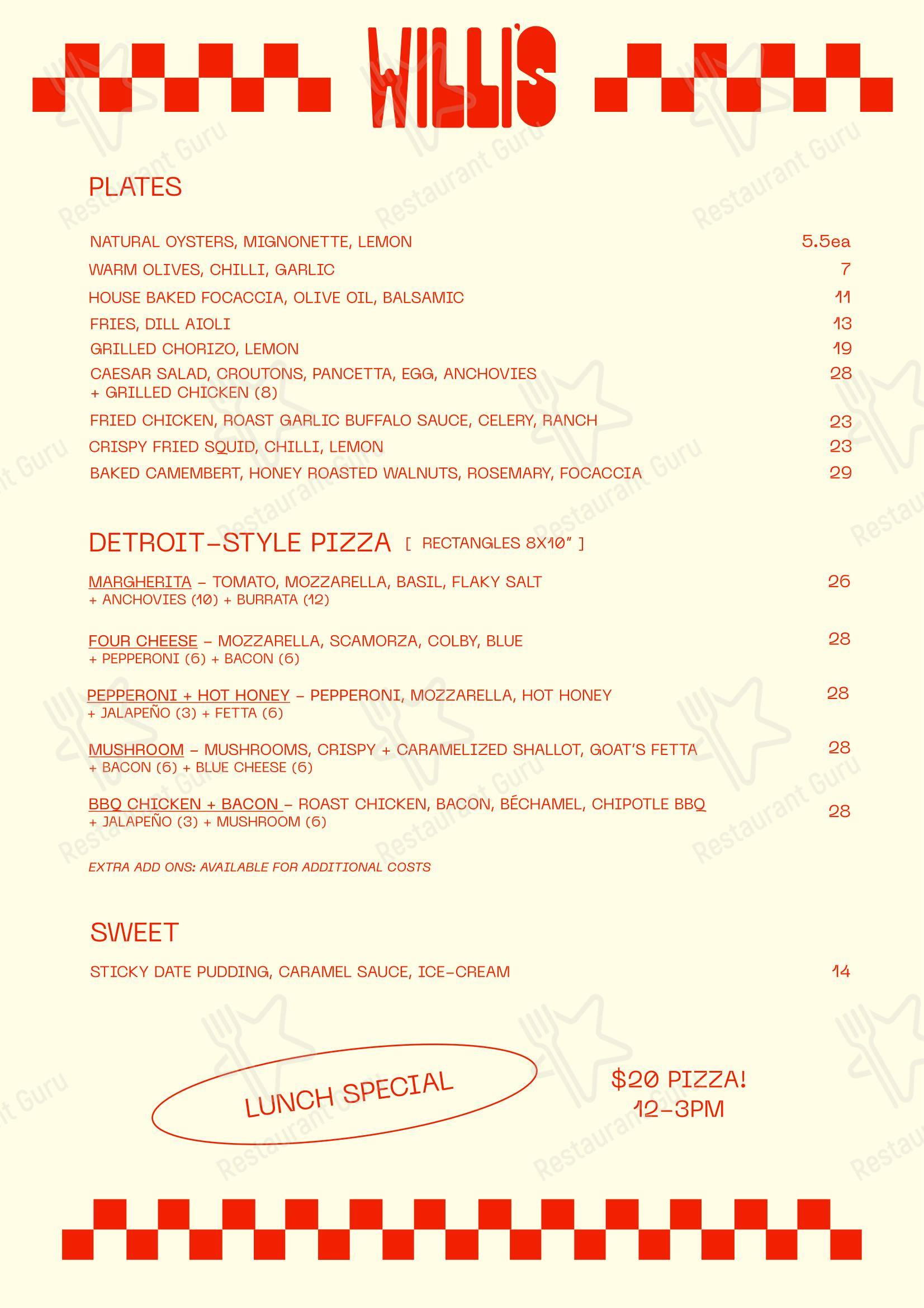 Основное меню ресторана Willi's Pizza Bar