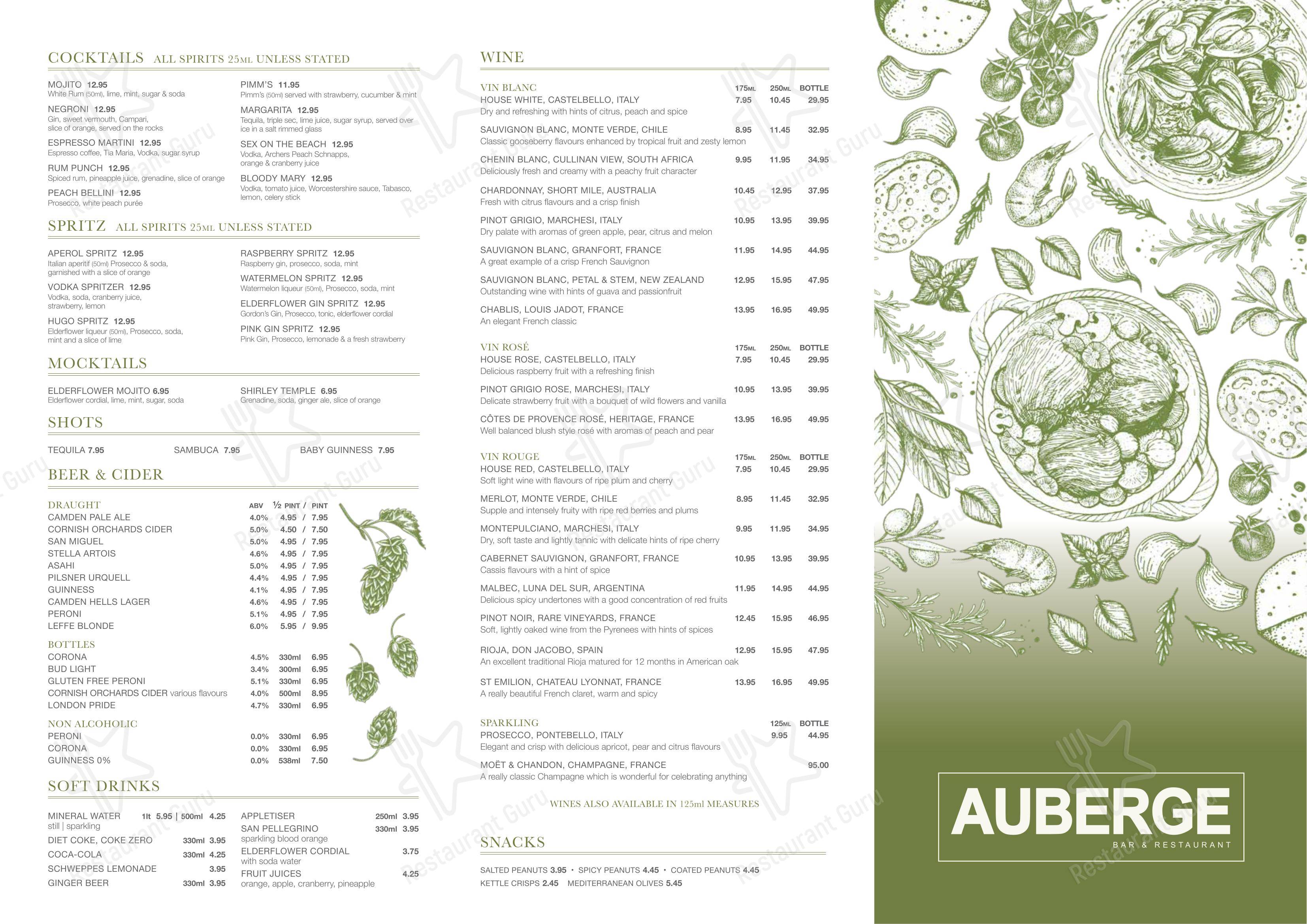 Ночное меню ресторана Auberge в Лондоне