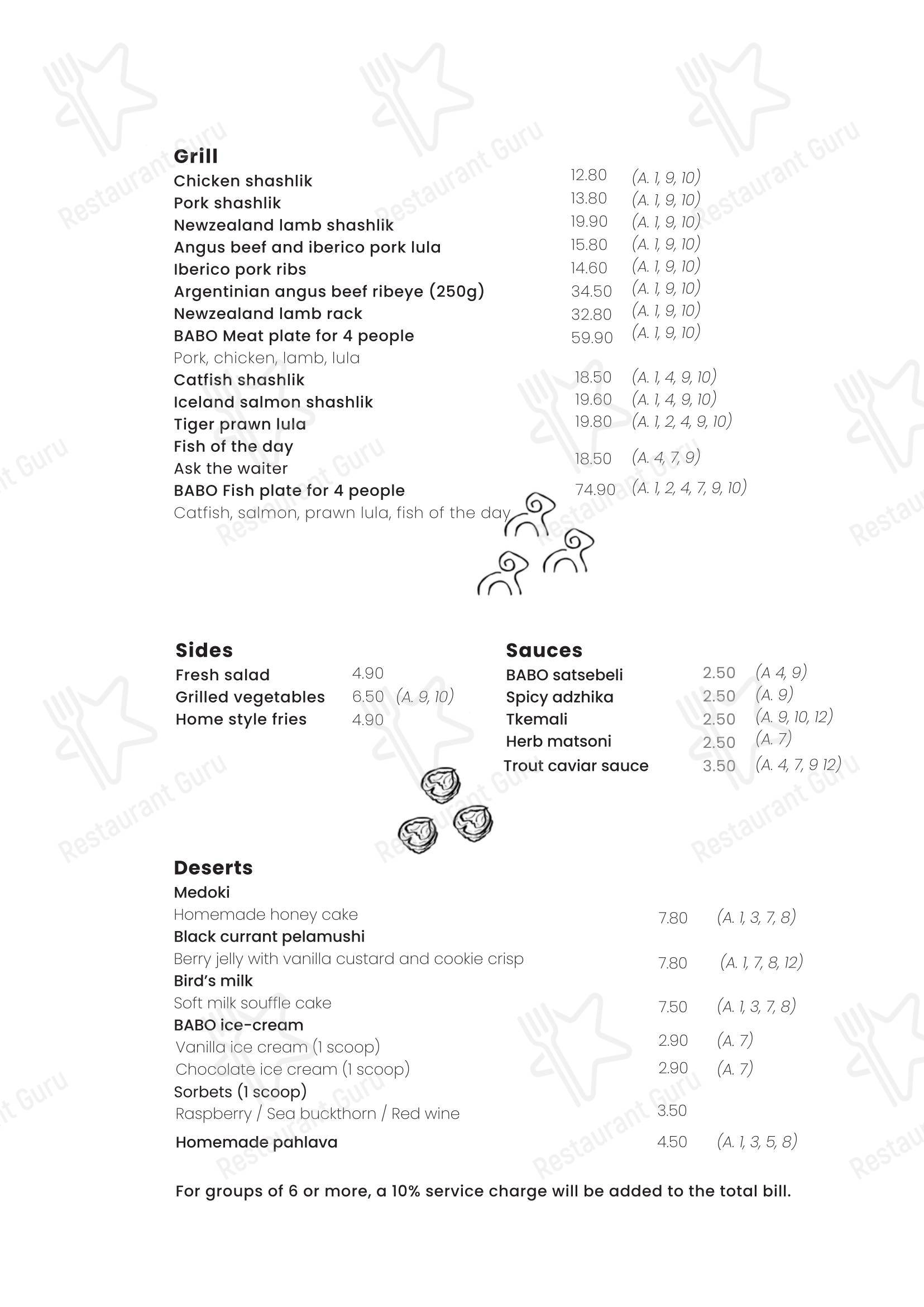 Основное меню ресторана BABO modern Georgian cuisine