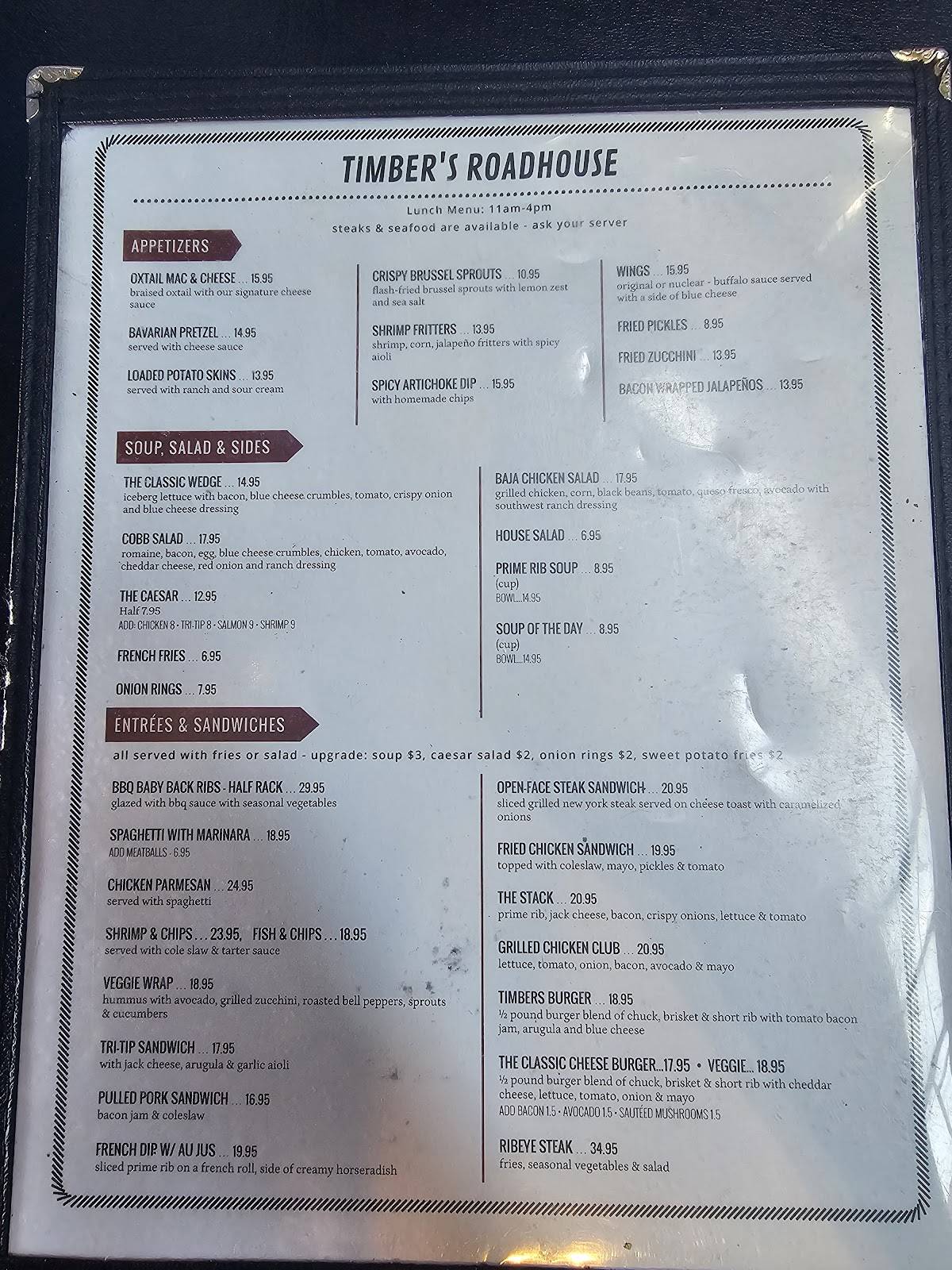 Timbers Roadhouse меню