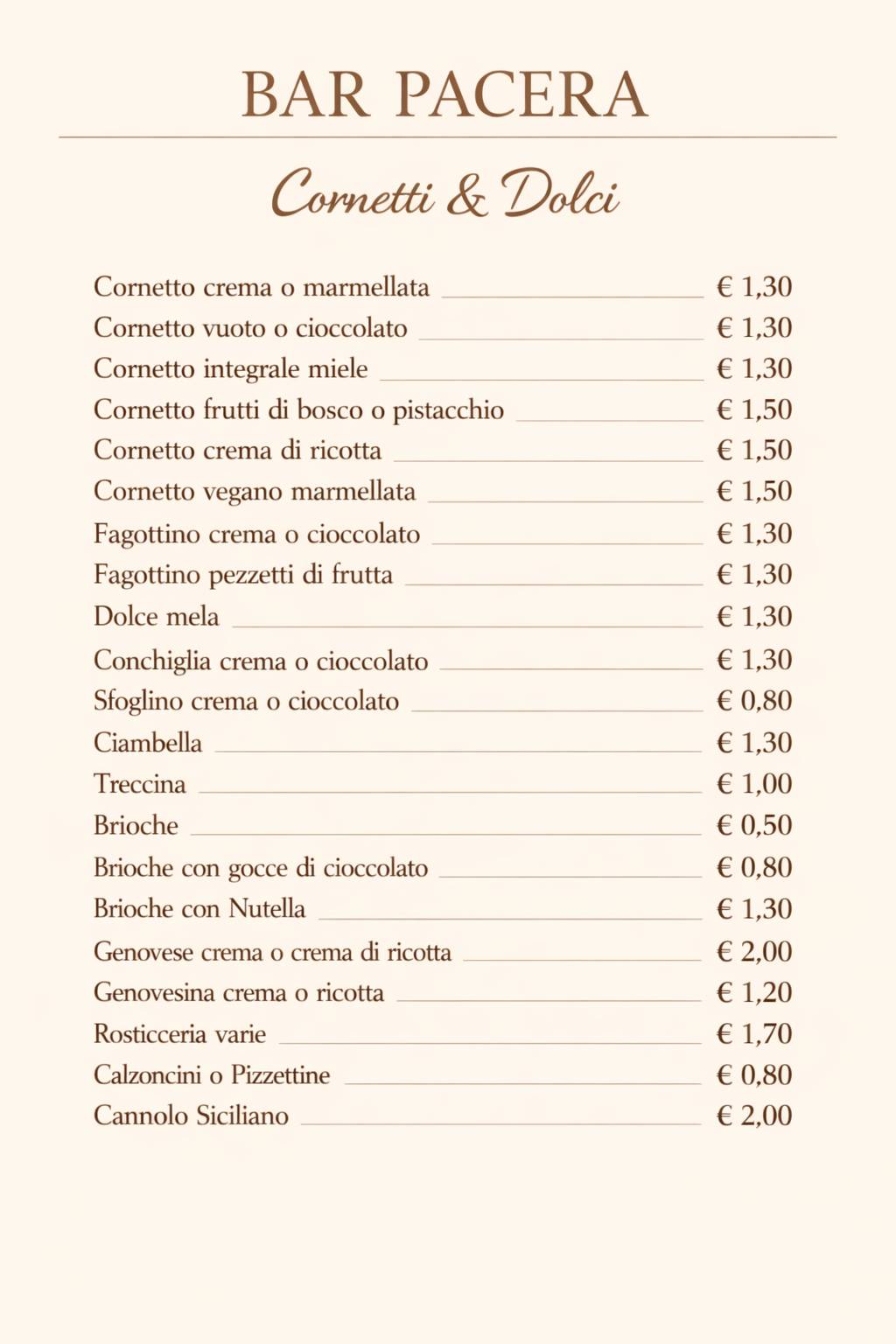 Bar Pacera меню