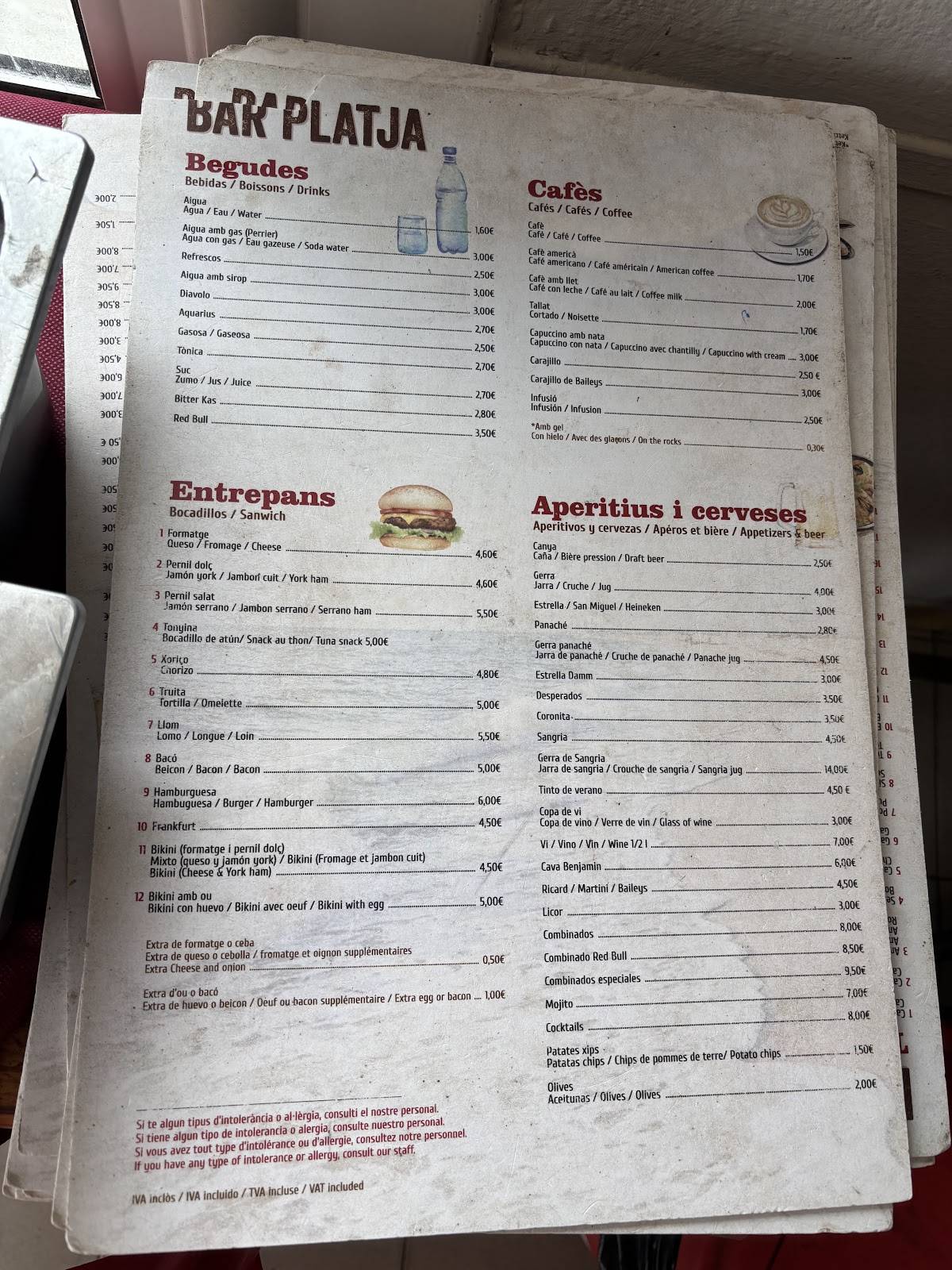 Bar Platja меню