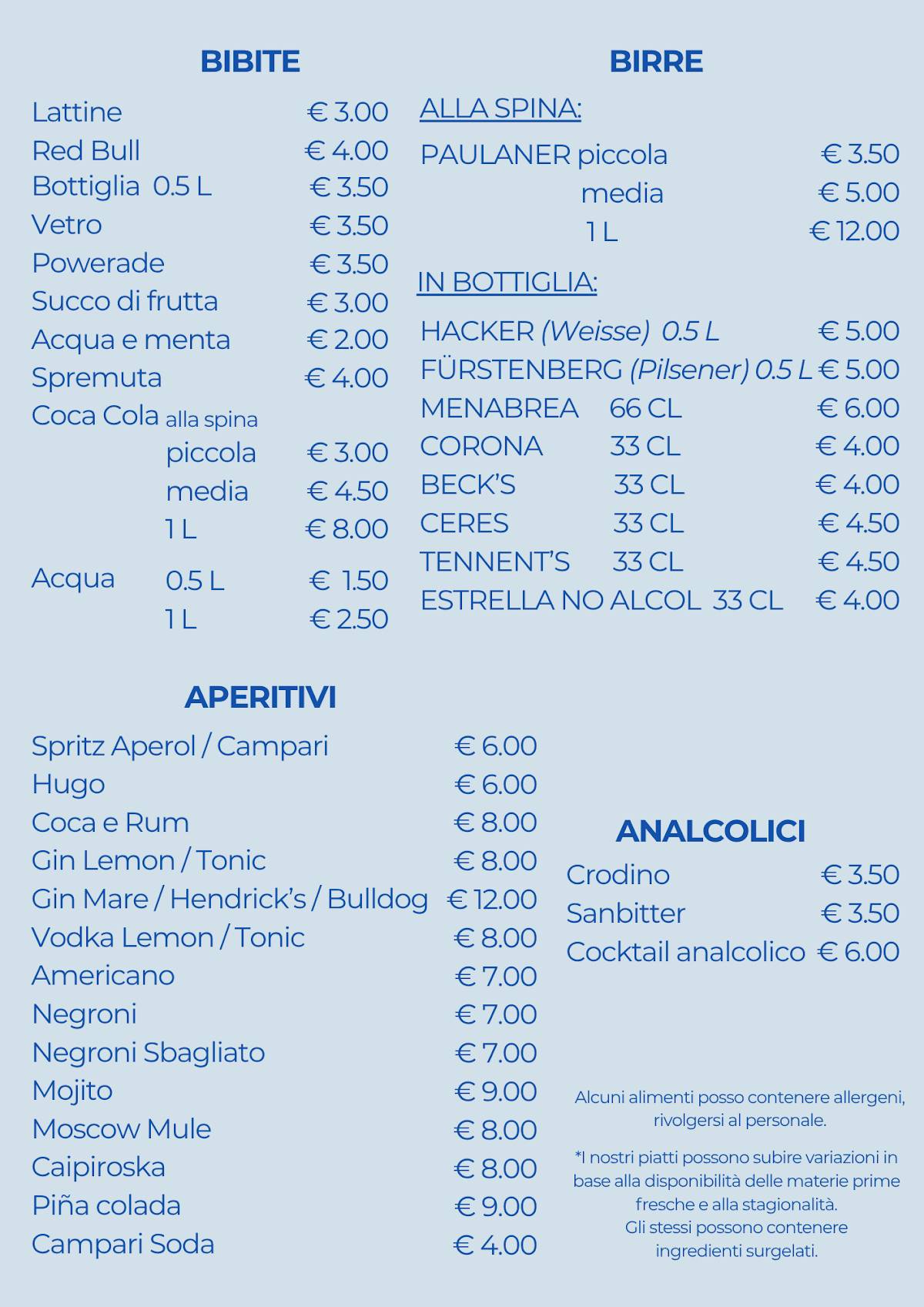 Bar Restaurant La Conchiglia меню