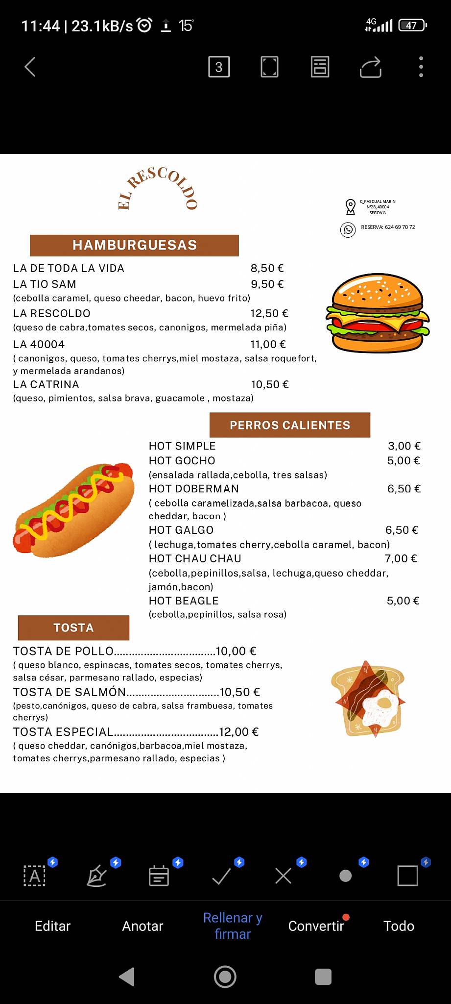 Bar Restaurante El Rescoldo меню