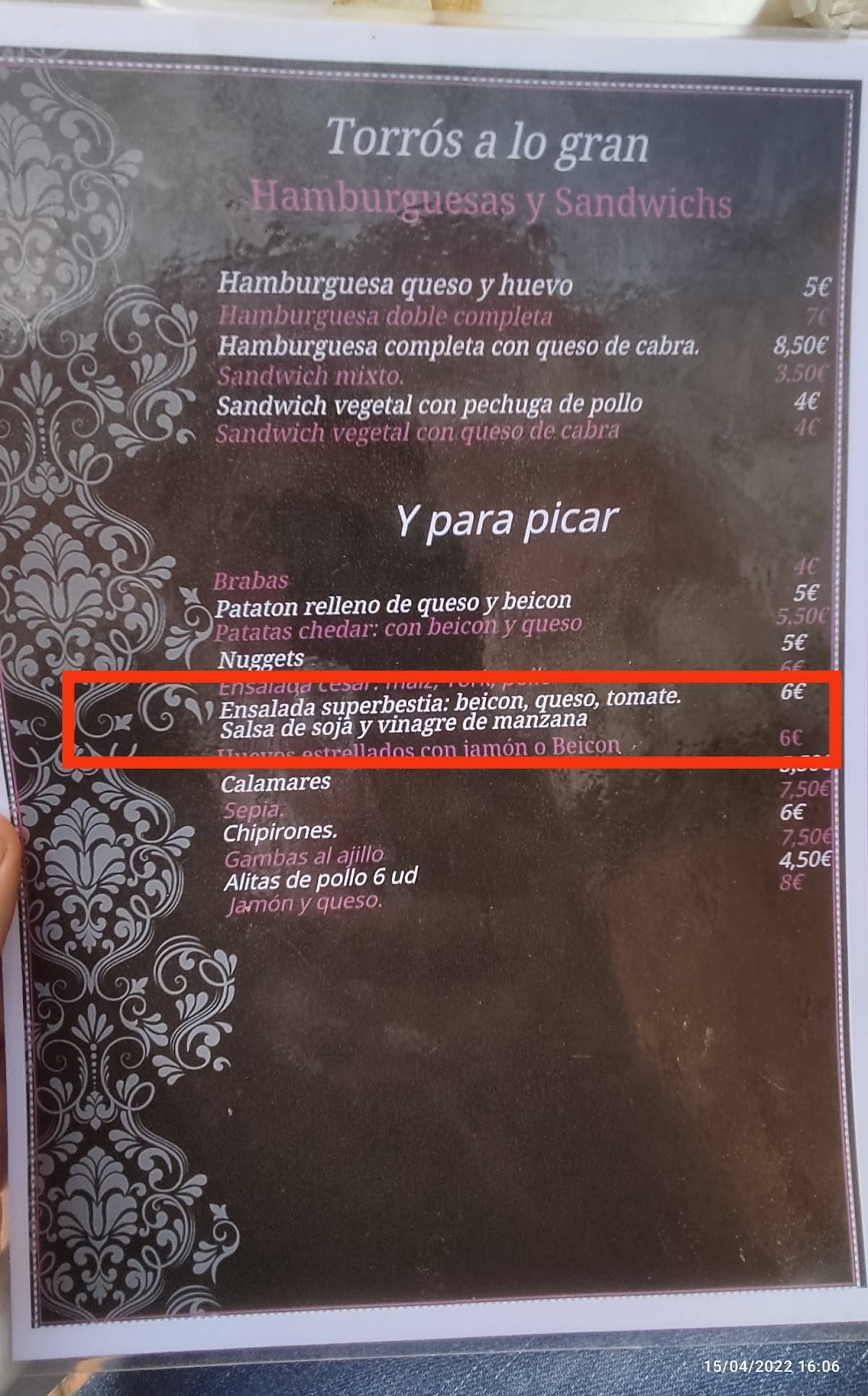 Bar Restaurante Torros меню