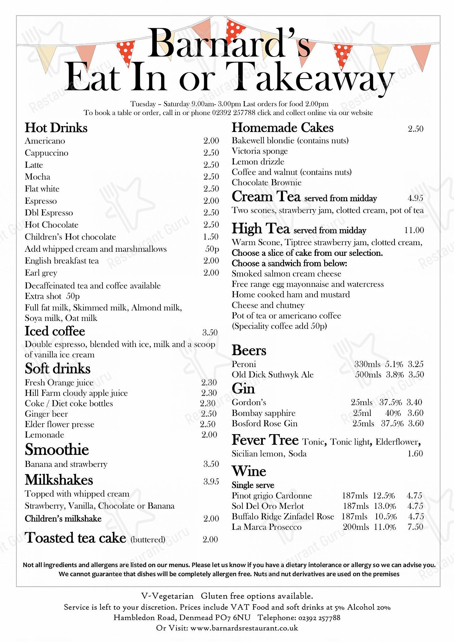 SAMPLE FOOD MENU ресторана Barnard's Restaurant в Уотерлоовилле