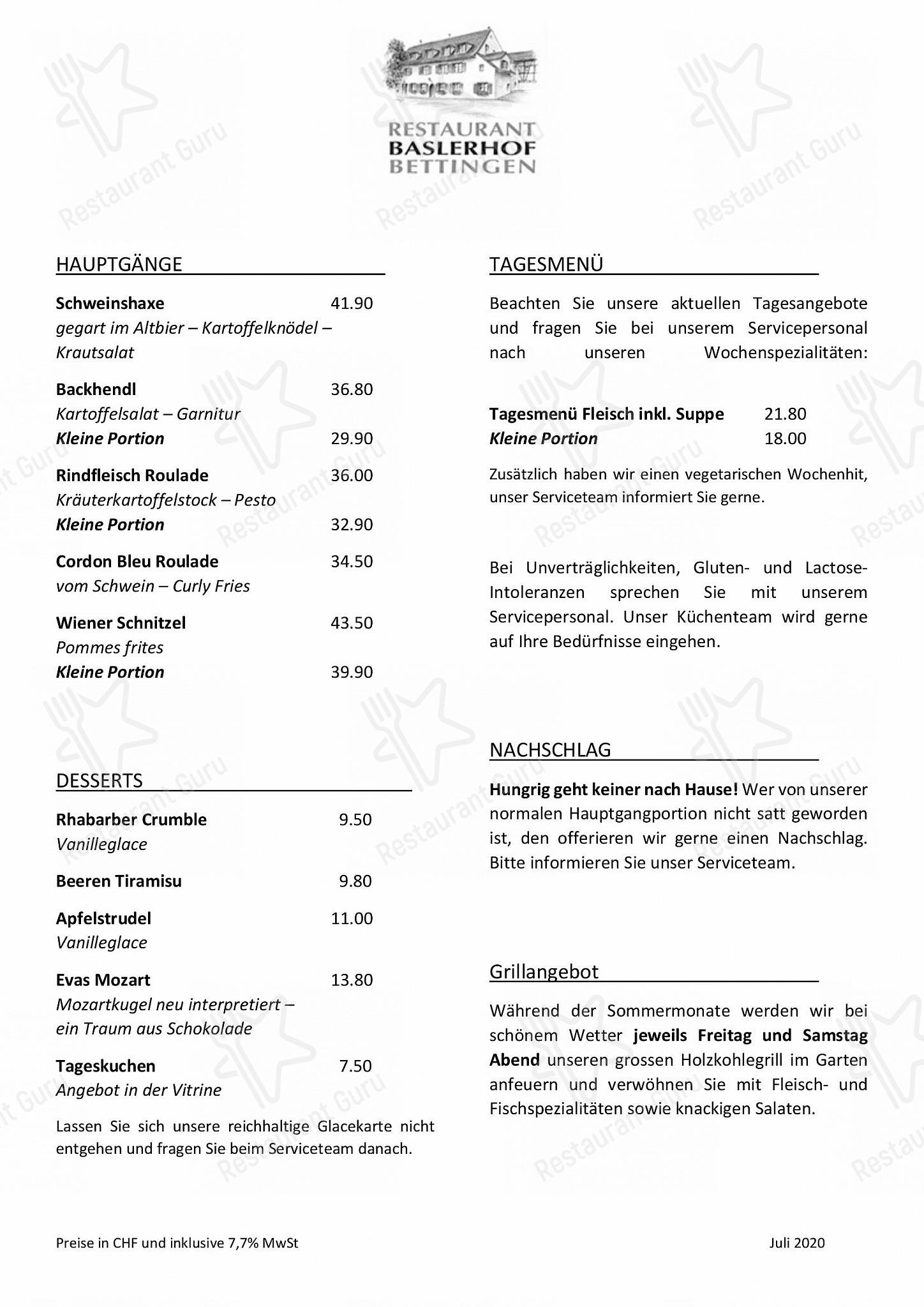 Wine Menu ресторана Restaurant Baslerhof Bettingen в Беттингене