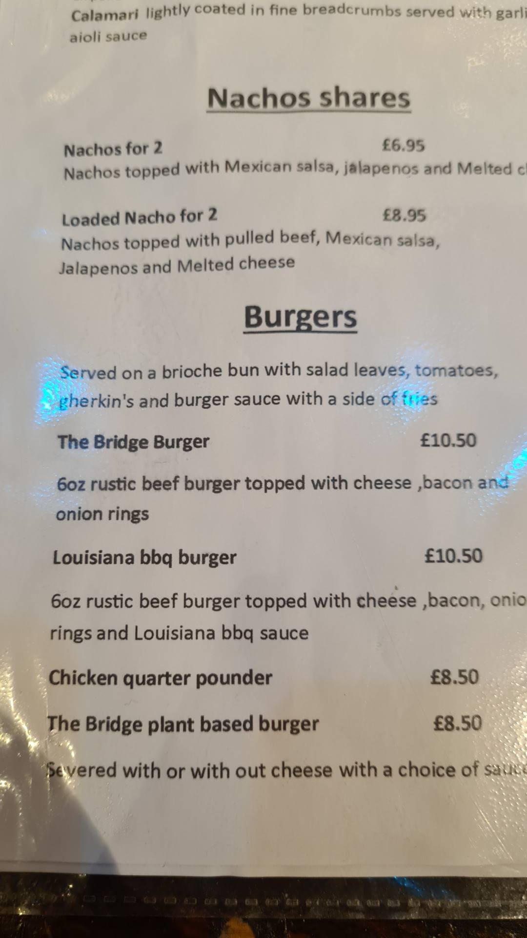 Bridge Inn меню
