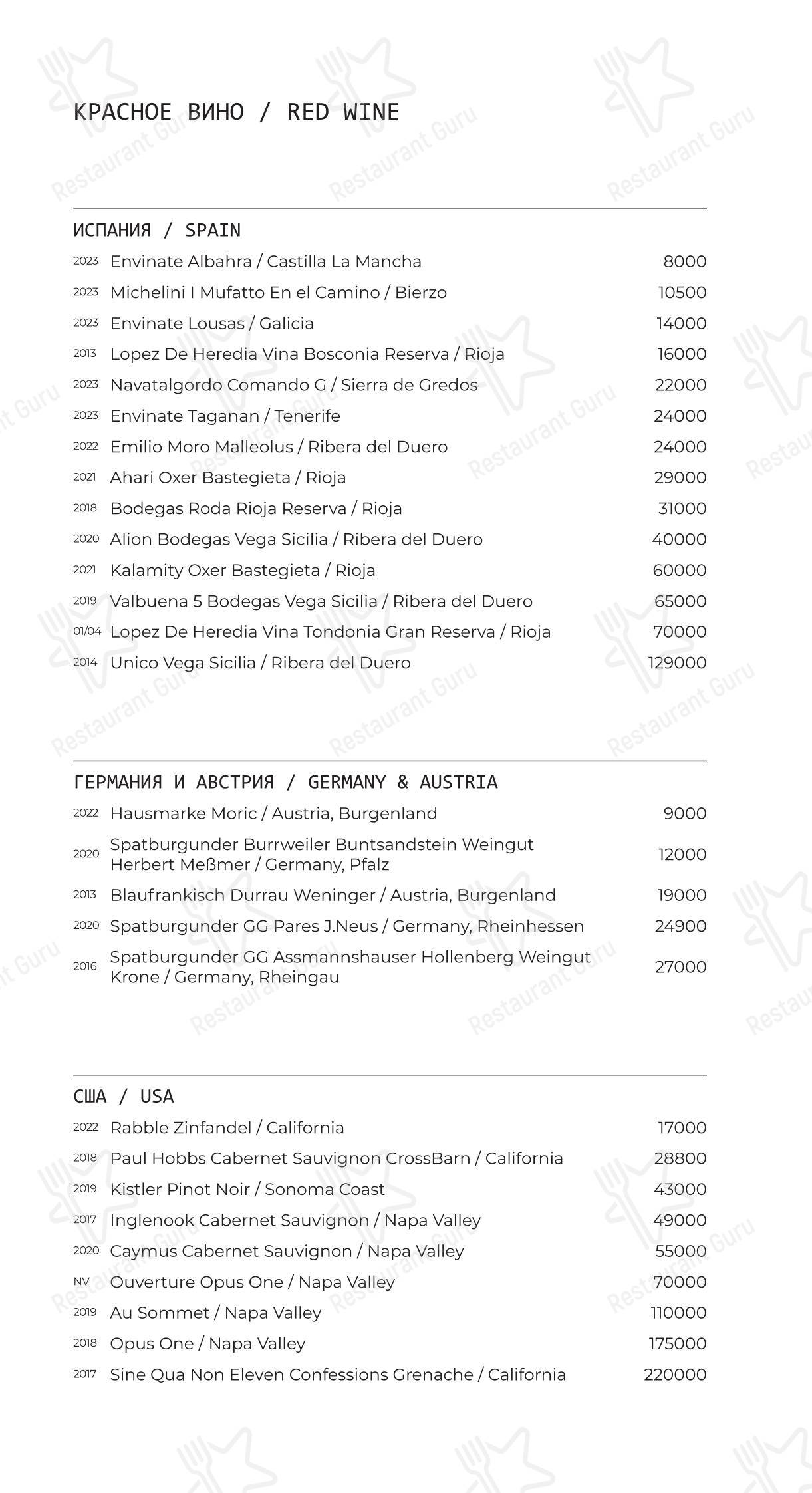 Dinner Menu ресторана Bruno