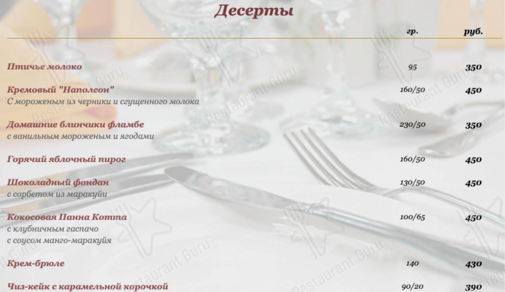 Меню ресторана Буфет